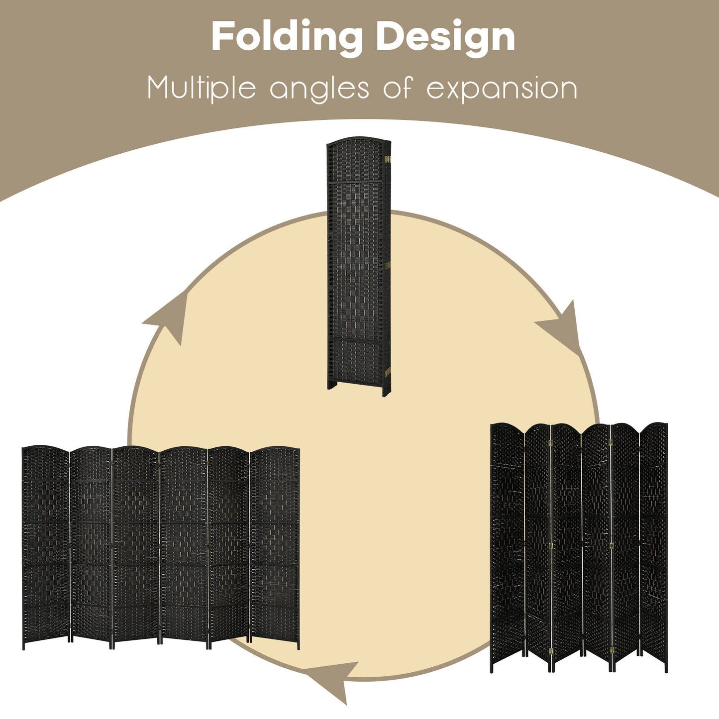 6.5ft 6 Panel Folding Room Divider Screen with Handwoven Fiber - Elegant Black