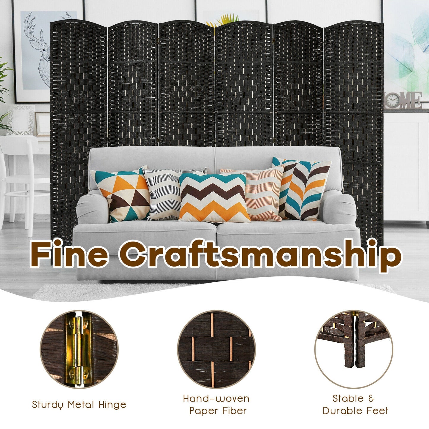 6.5ft 6 Panel Folding Room Divider Screen with Handwoven Fiber - Elegant Black