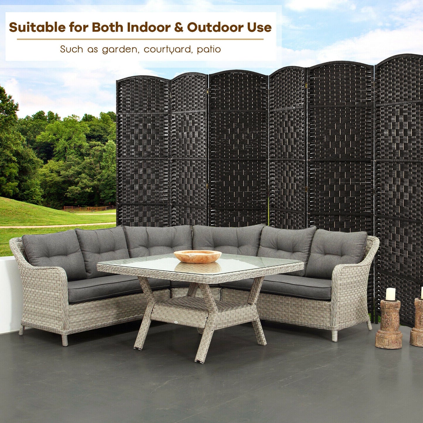 6.5ft 6 Panel Folding Room Divider Screen with Handwoven Fiber - Elegant Black