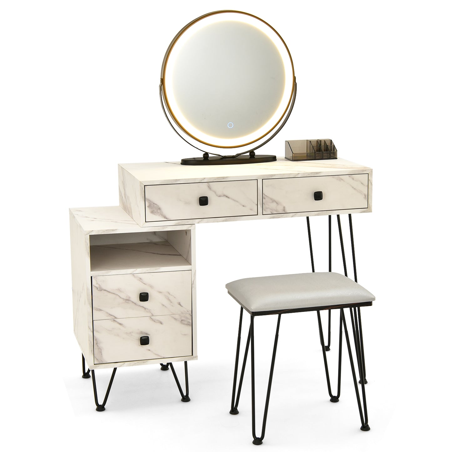 Modern Vanity Table with Storage Cabinet, Adjustable LED Mirror & Cushioned Stool - White