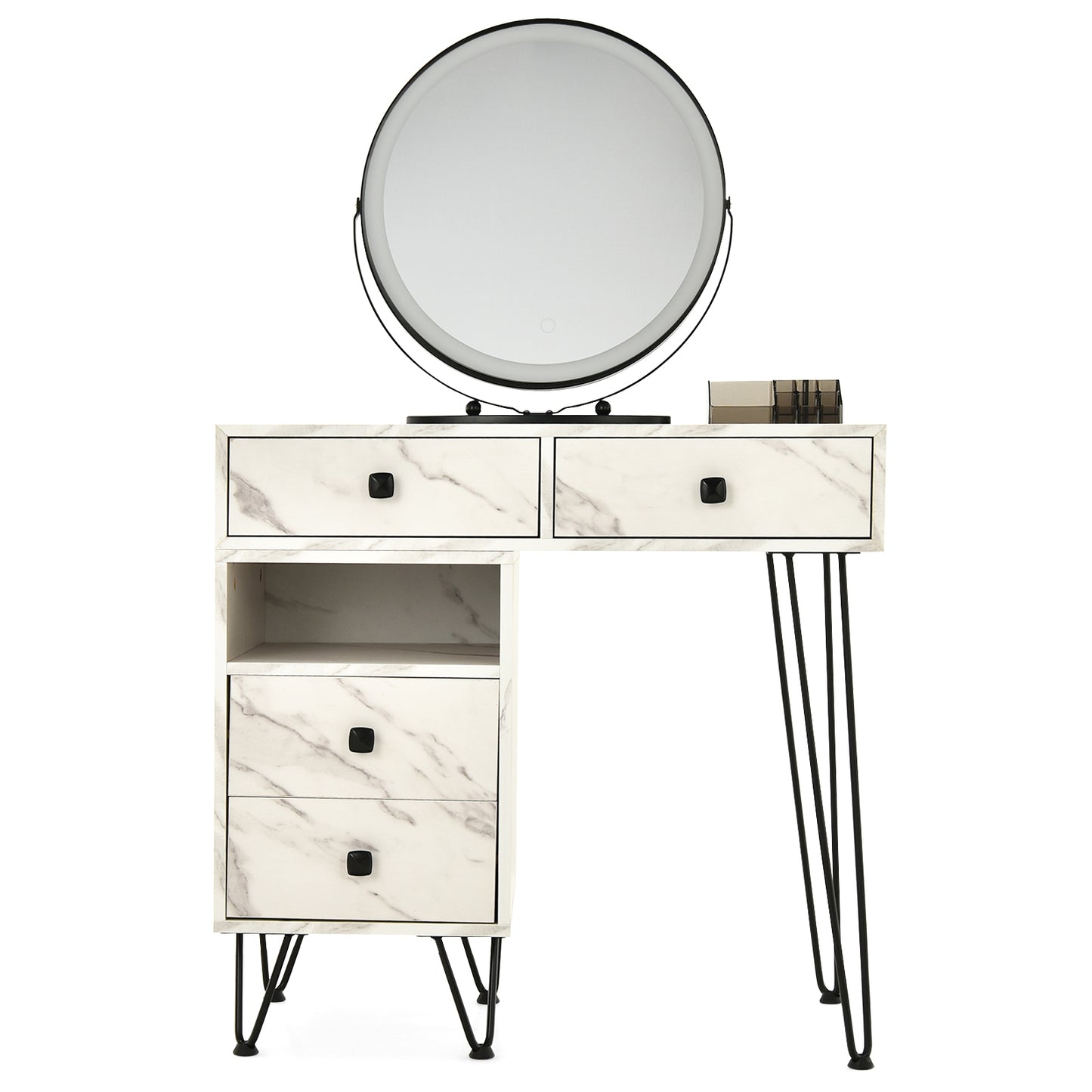 Modern Vanity Table with Storage Cabinet, Adjustable LED Mirror & Cushioned Stool - White