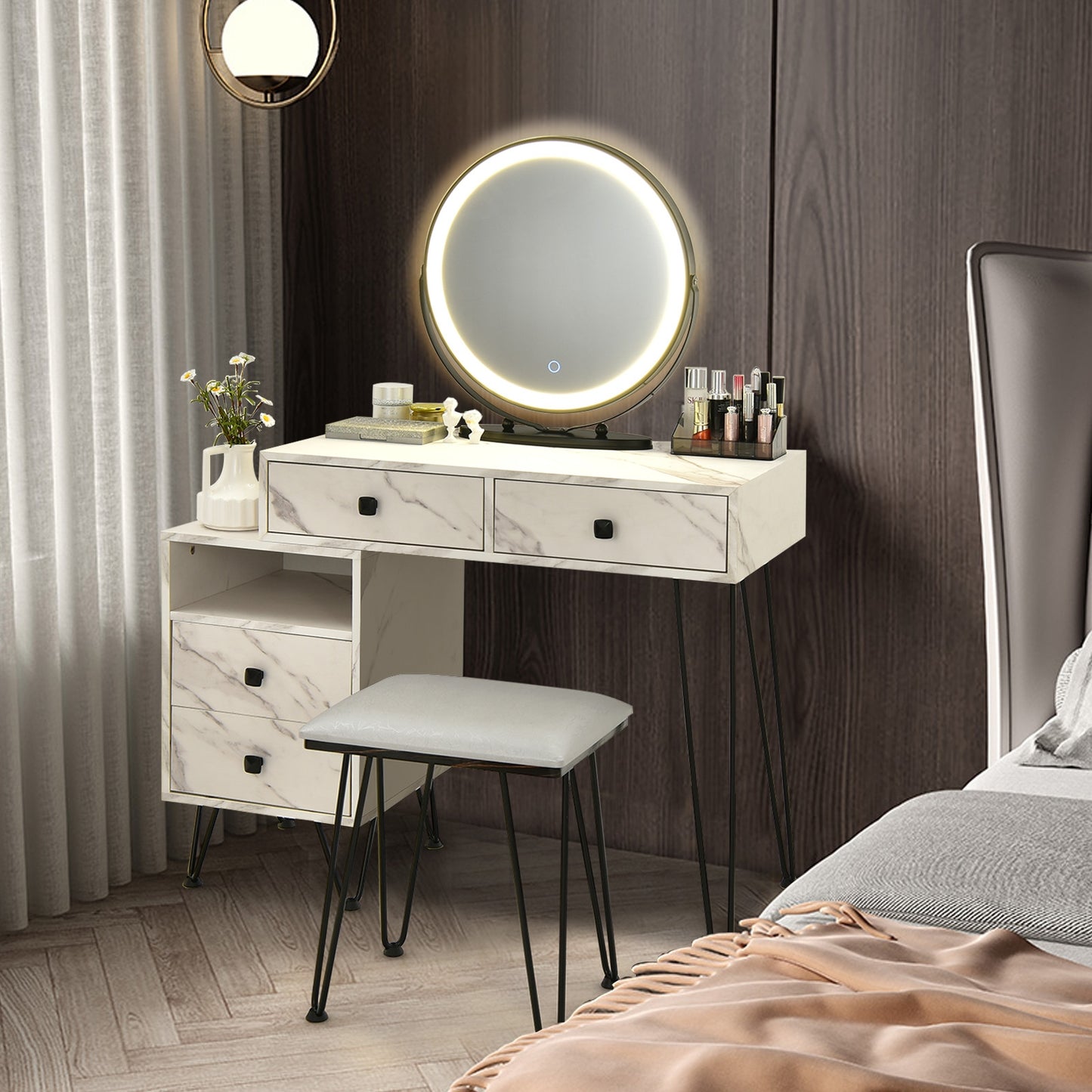 Modern Vanity Table with Storage Cabinet, Adjustable LED Mirror & Cushioned Stool - White