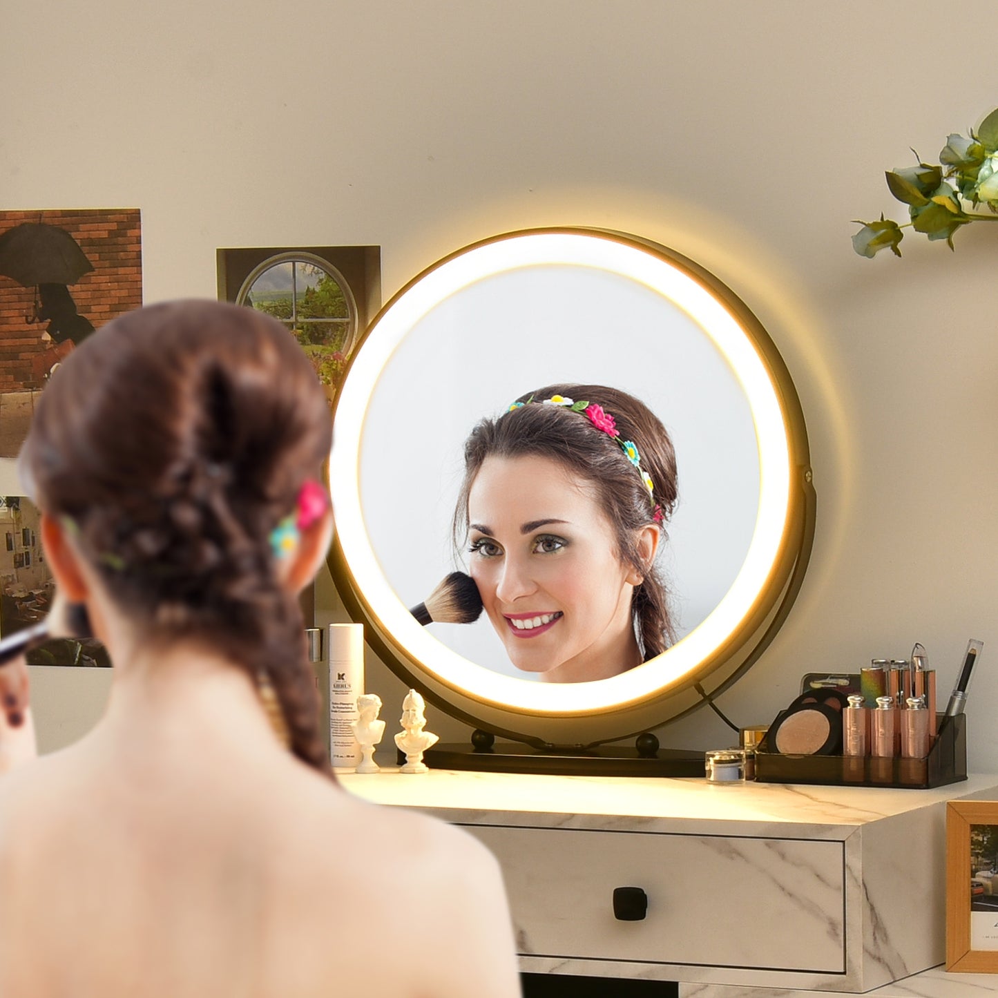 Modern Vanity Table with Storage Cabinet, Adjustable LED Mirror & Cushioned Stool - White