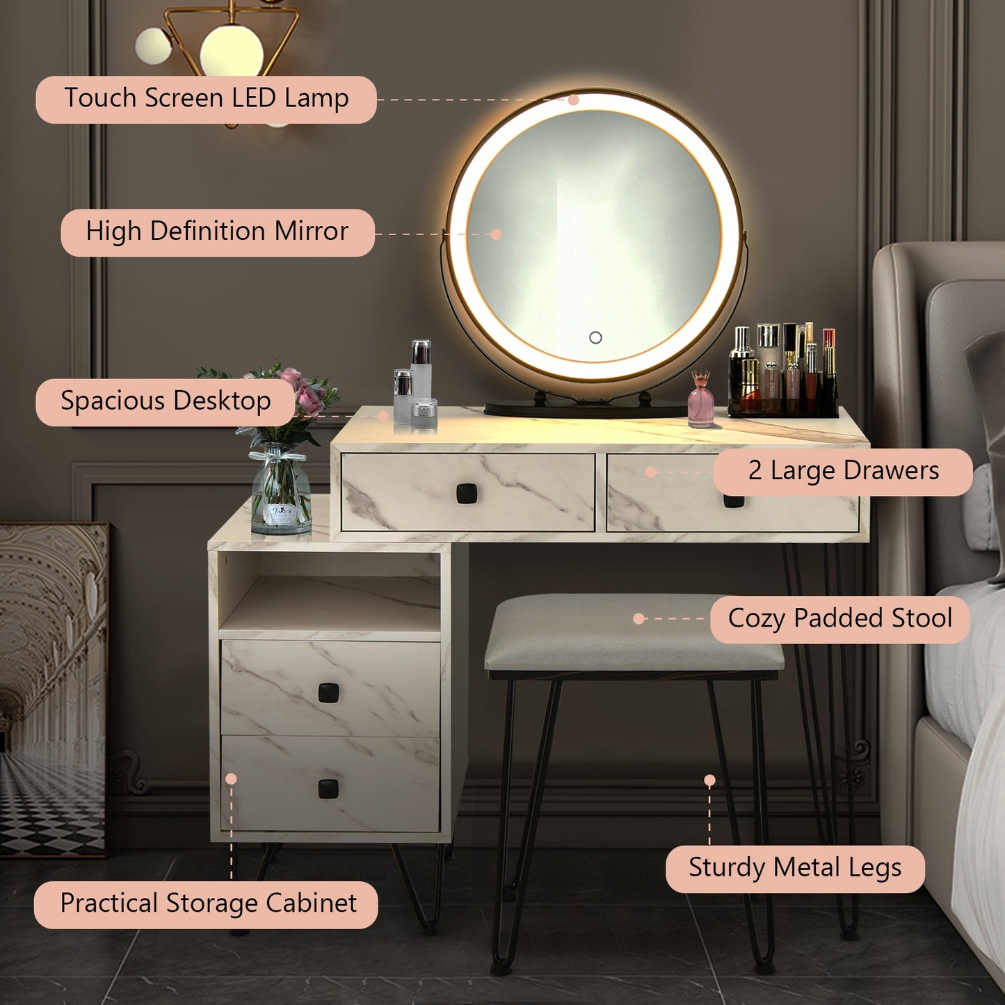 Modern Vanity Table with Storage Cabinet, Adjustable LED Mirror & Cushioned Stool - White