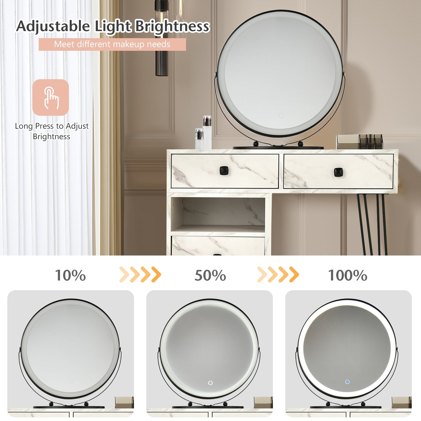 Modern Vanity Table with Storage Cabinet, Adjustable LED Mirror & Cushioned Stool - White