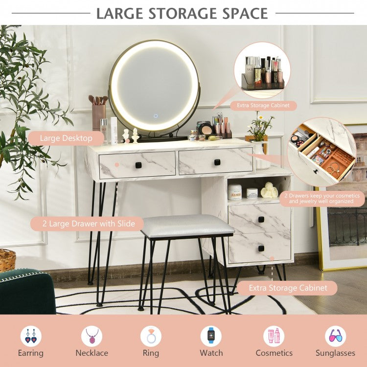 Modern Vanity Table with Storage Cabinet, Adjustable LED Mirror & Cushioned Stool - White