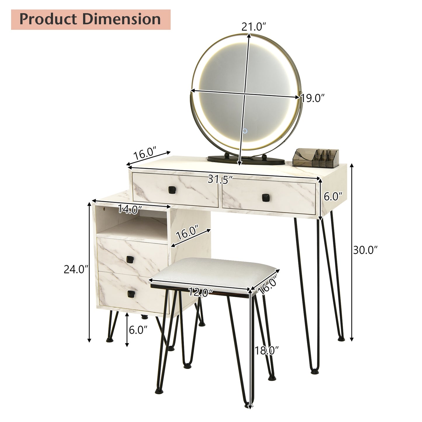 Modern Vanity Table with Storage Cabinet, Adjustable LED Mirror & Cushioned Stool - White