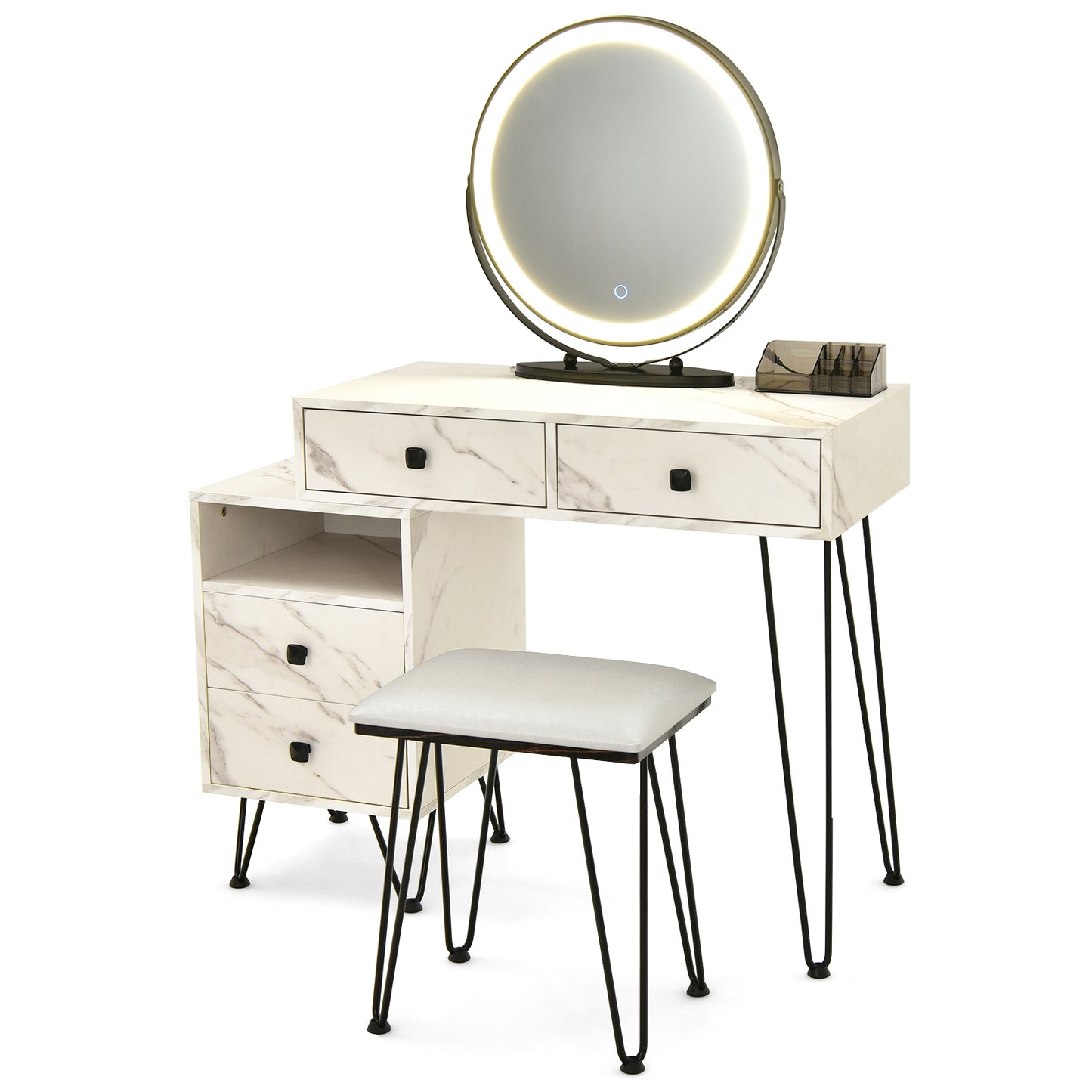 Modern Vanity Table with Storage Cabinet, Adjustable LED Mirror & Cushioned Stool - White