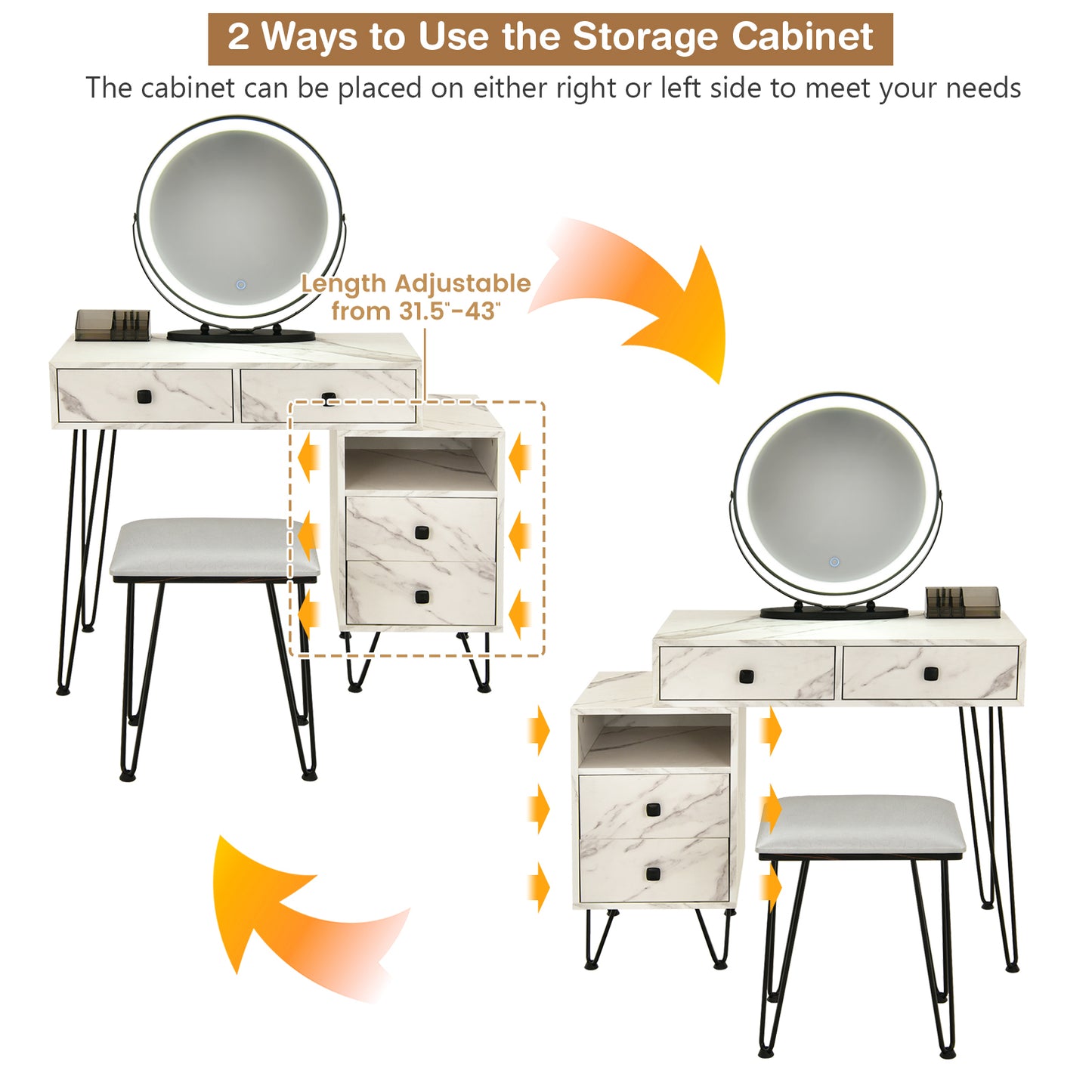 Modern Vanity Table with Storage Cabinet, Adjustable LED Mirror & Cushioned Stool - White