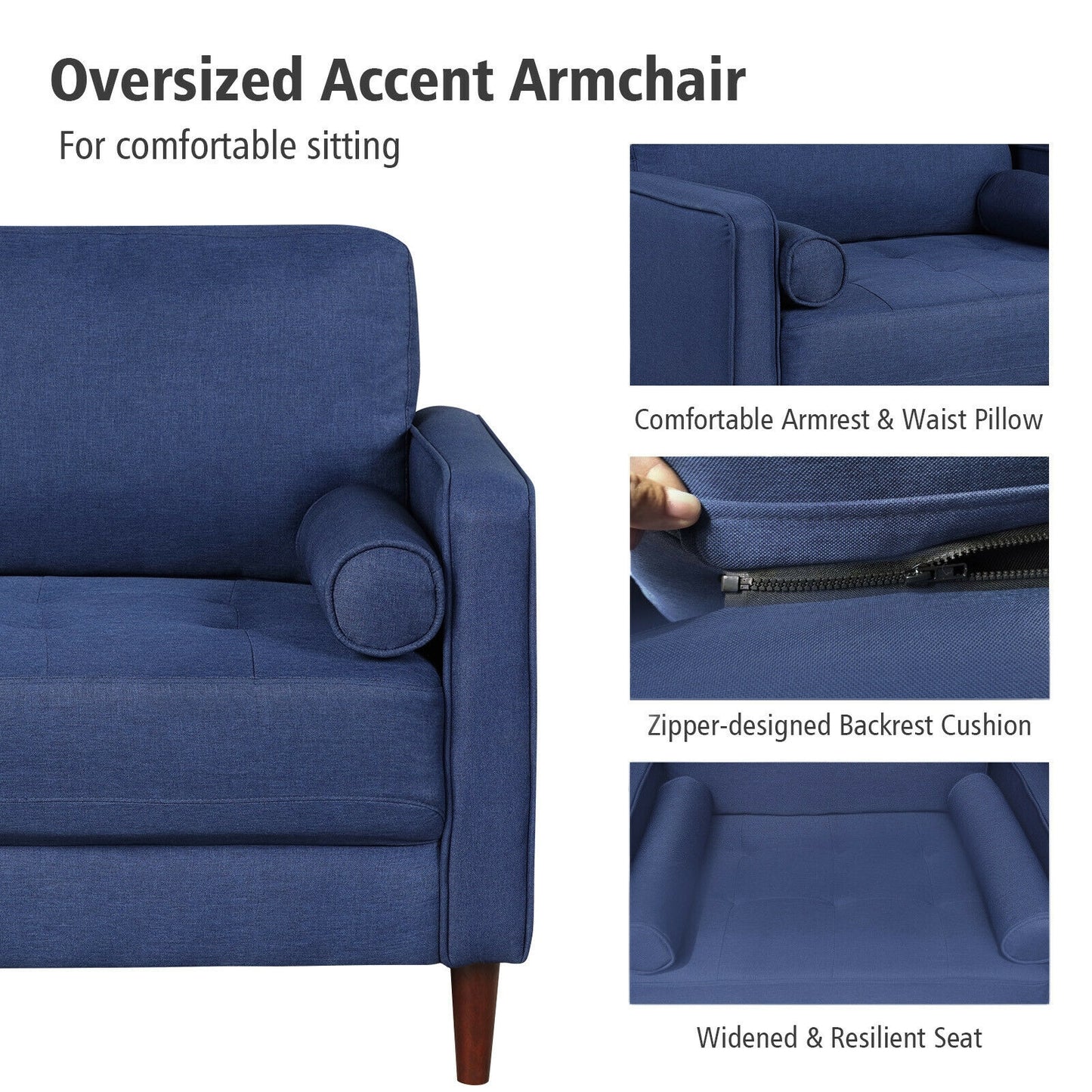 Spacious Linen Club Armchair with Cushions and Wooden Frame