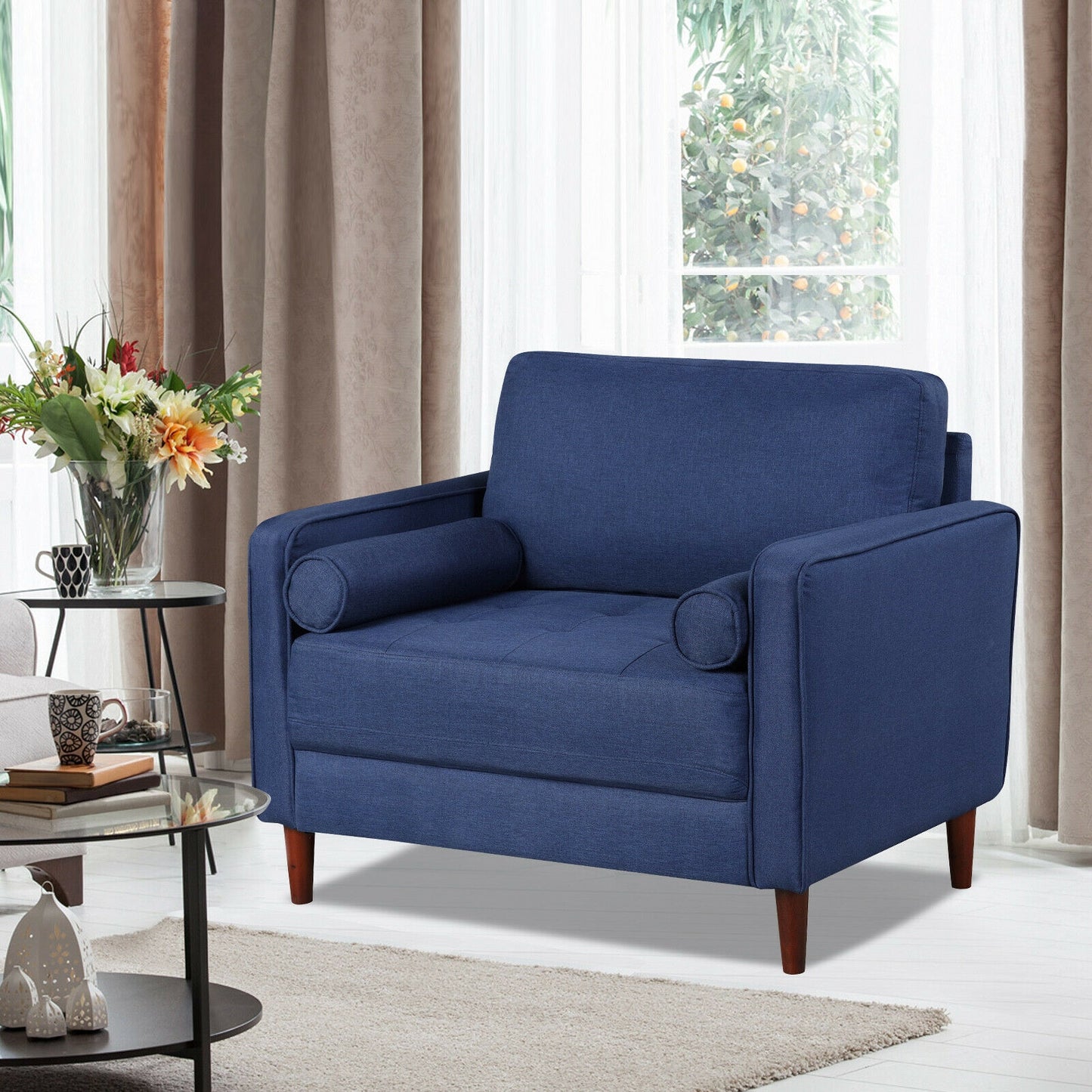 Spacious Linen Club Armchair with Cushions and Wooden Frame