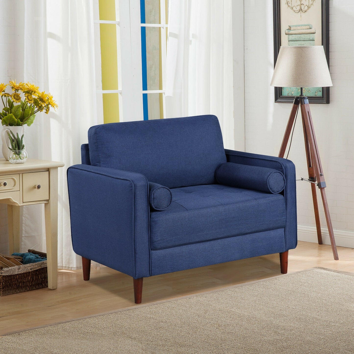 Spacious Linen Club Armchair with Cushions and Wooden Frame