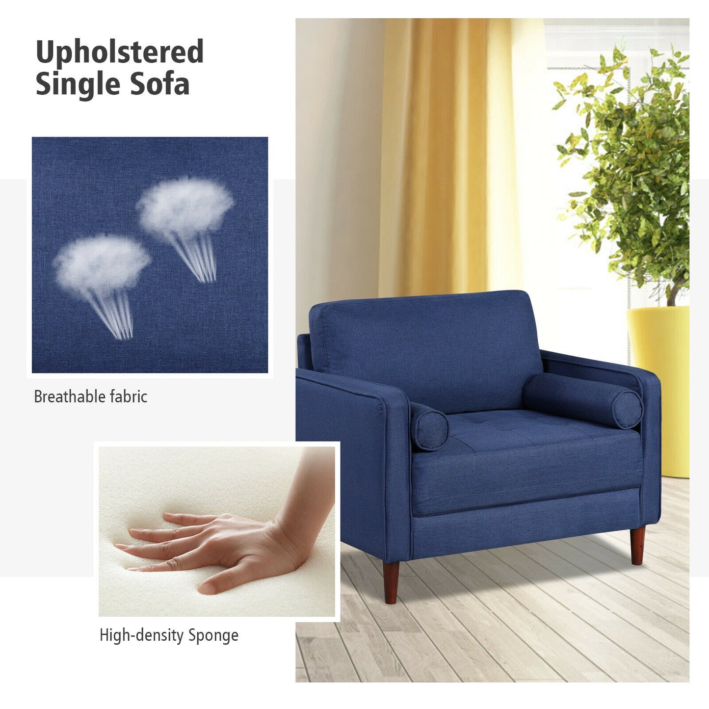 Spacious Linen Club Armchair with Cushions and Wooden Frame