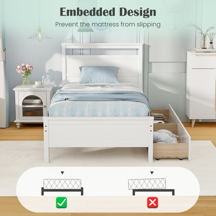 Modern Twin Wooden Bed Frame with 2 Drawers for Storage Perfect for Teens and Adults – White