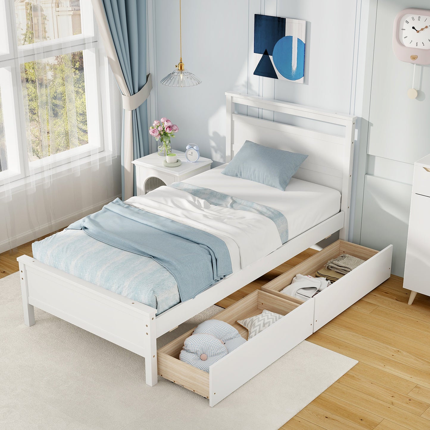 Modern Twin Wooden Bed Frame with 2 Drawers for Storage Perfect for Teens and Adults – White