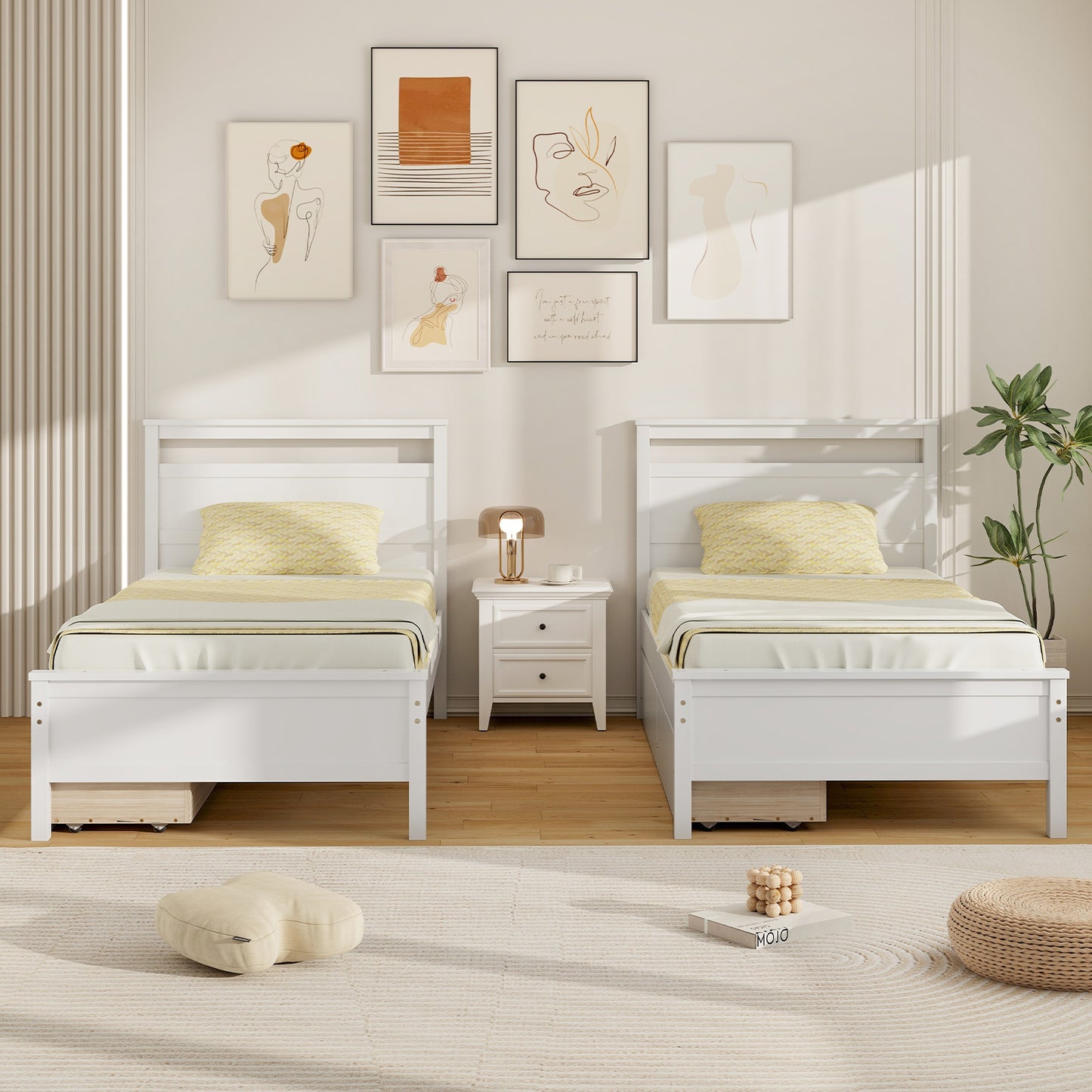 Modern Twin Wooden Bed Frame with 2 Drawers for Storage Perfect for Teens and Adults – White