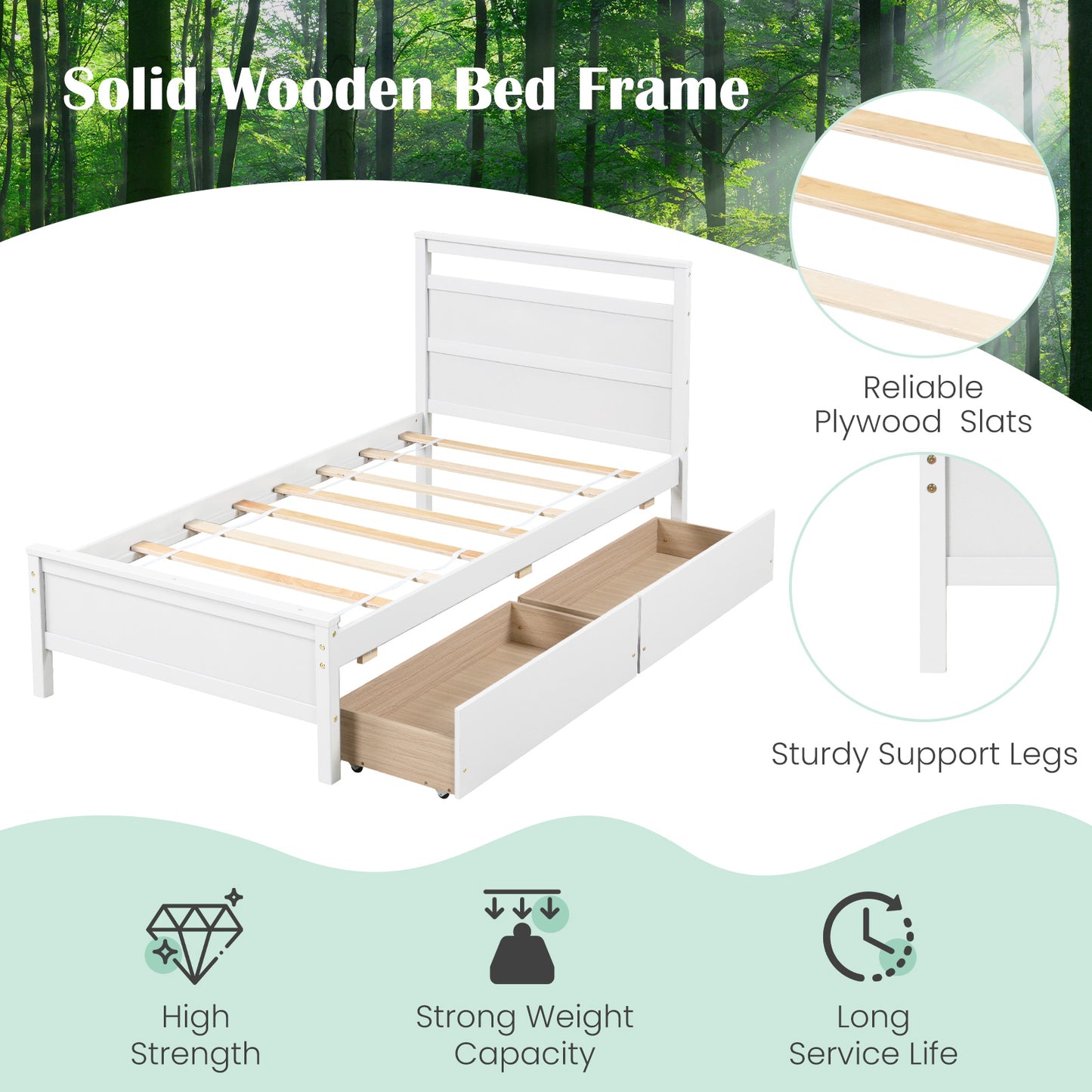 Modern Twin Wooden Bed Frame with 2 Drawers for Storage Perfect for Teens and Adults – White