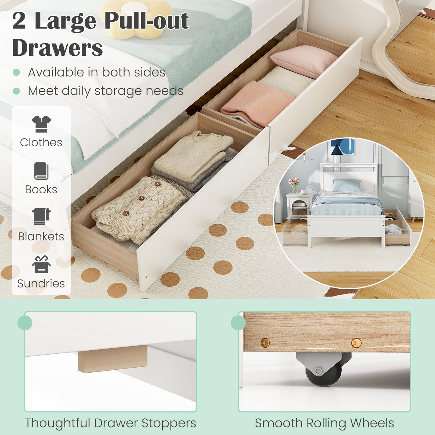 Modern Twin Wooden Bed Frame with 2 Drawers for Storage Perfect for Teens and Adults – White