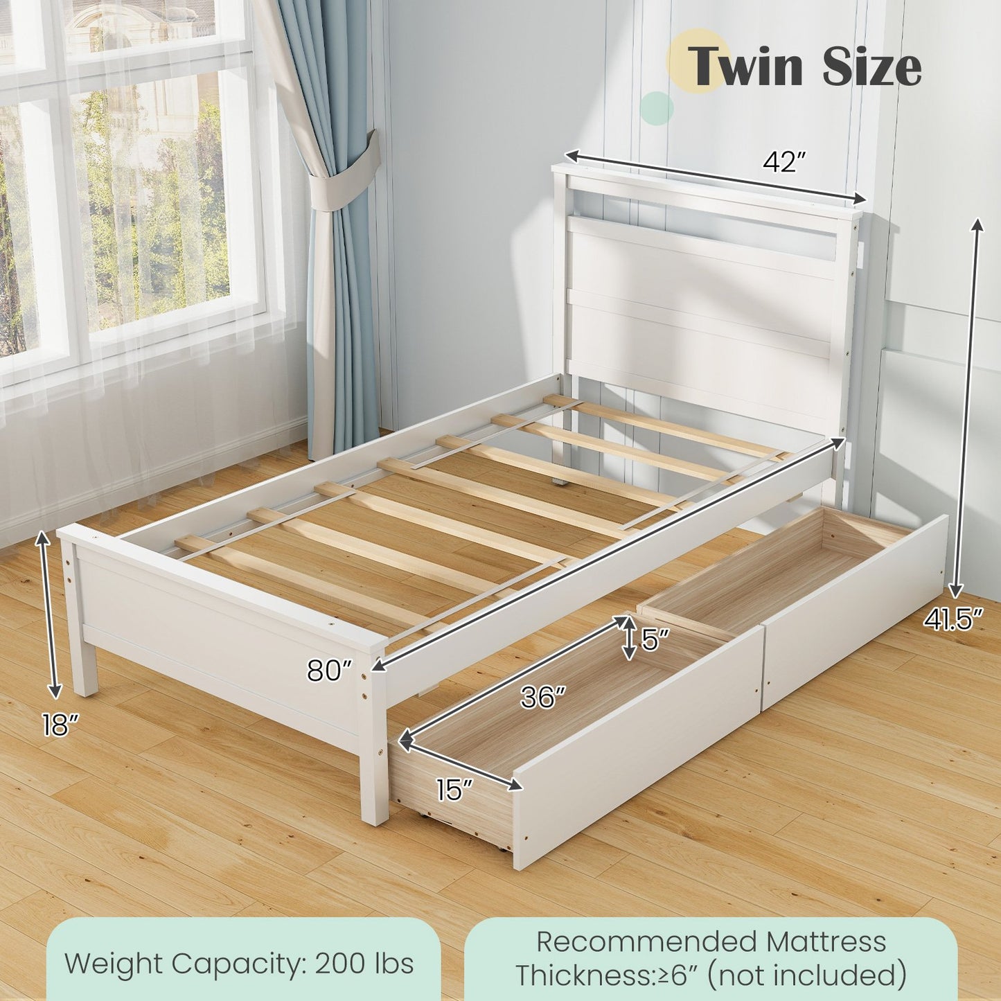 Modern Twin Wooden Bed Frame with 2 Drawers for Storage Perfect for Teens and Adults – White