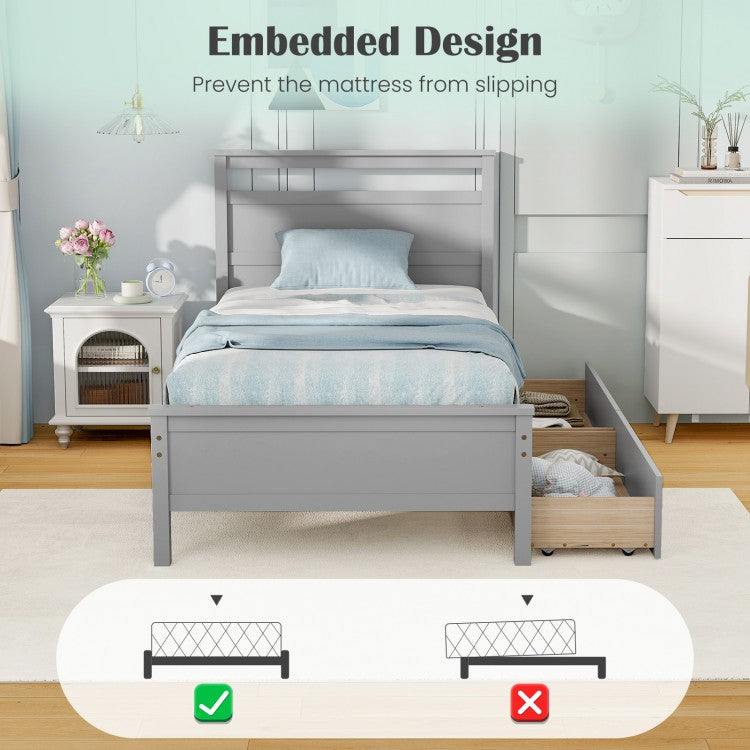 Modern Twin Wooden Bed Frame with 2 Drawers for Storage Perfect for Teens and Adults – Grey