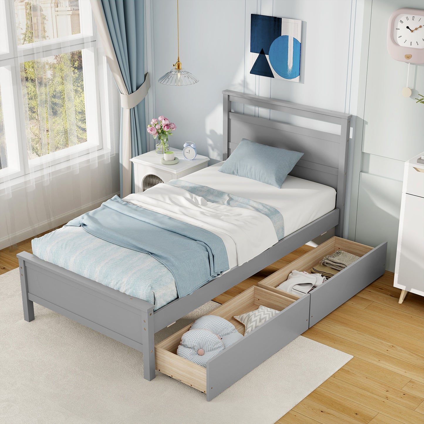 Modern Twin Wooden Bed Frame with 2 Drawers for Storage Perfect for Teens and Adults – Grey