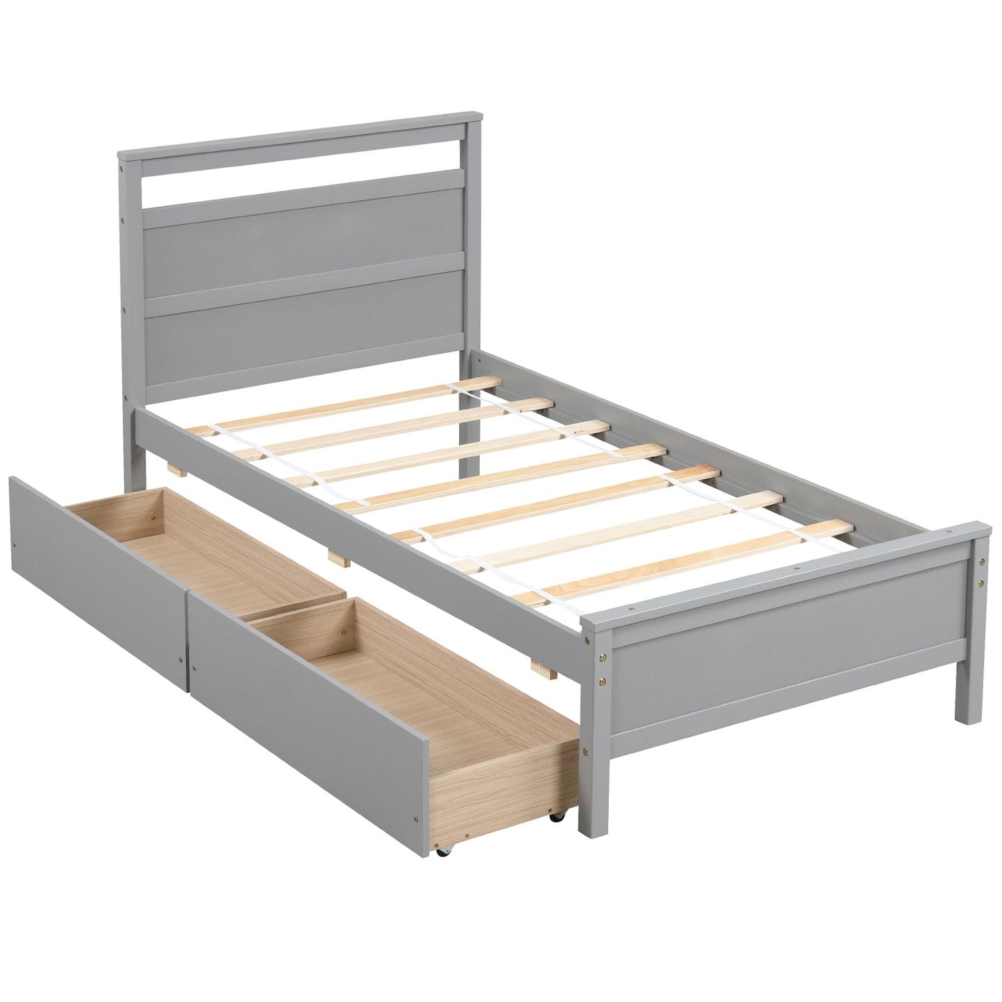 Modern Twin Wooden Bed Frame with 2 Drawers for Storage Perfect for Teens and Adults – Grey