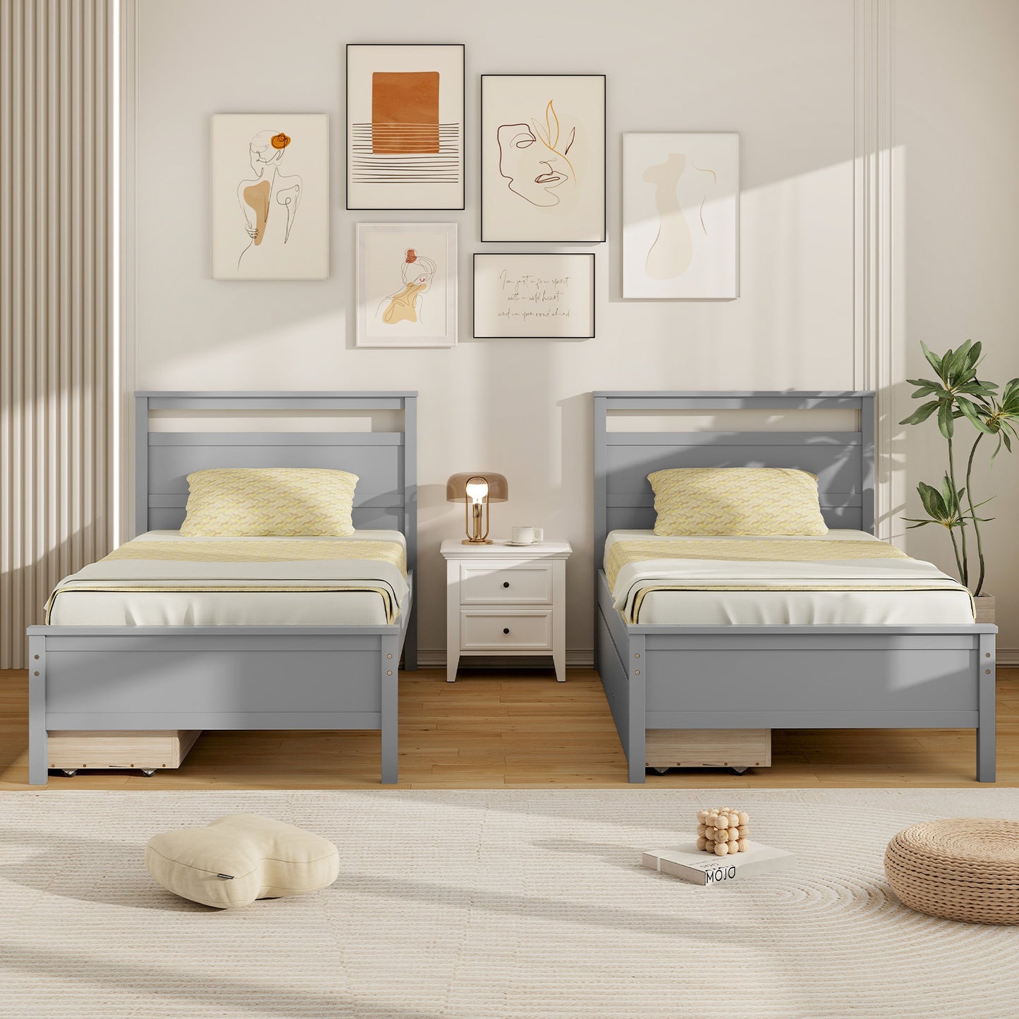 Modern Twin Wooden Bed Frame with 2 Drawers for Storage Perfect for Teens and Adults – Grey