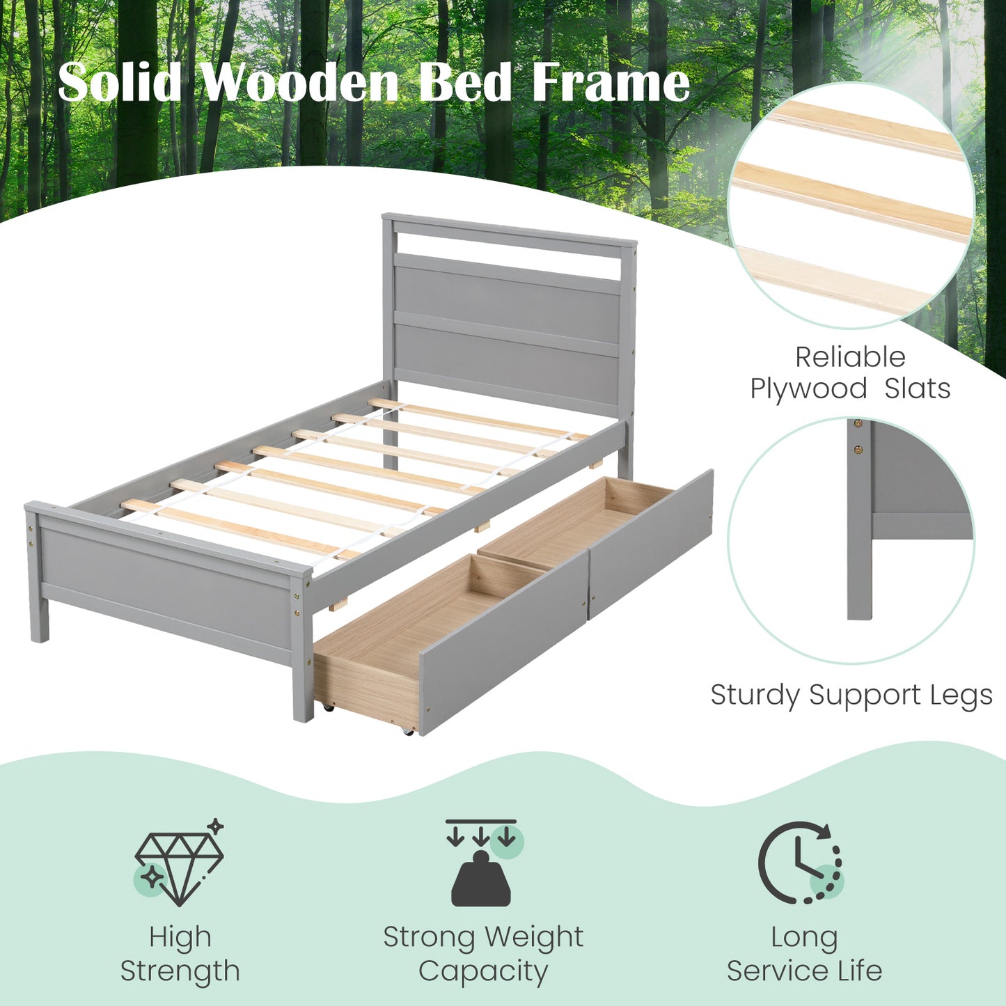 Modern Twin Wooden Bed Frame with 2 Drawers for Storage Perfect for Teens and Adults – Grey
