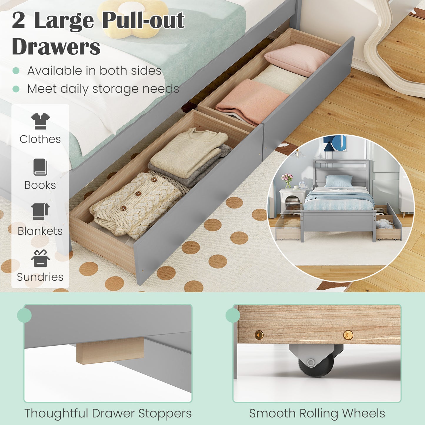 Modern Twin Wooden Bed Frame with 2 Drawers for Storage Perfect for Teens and Adults – Grey