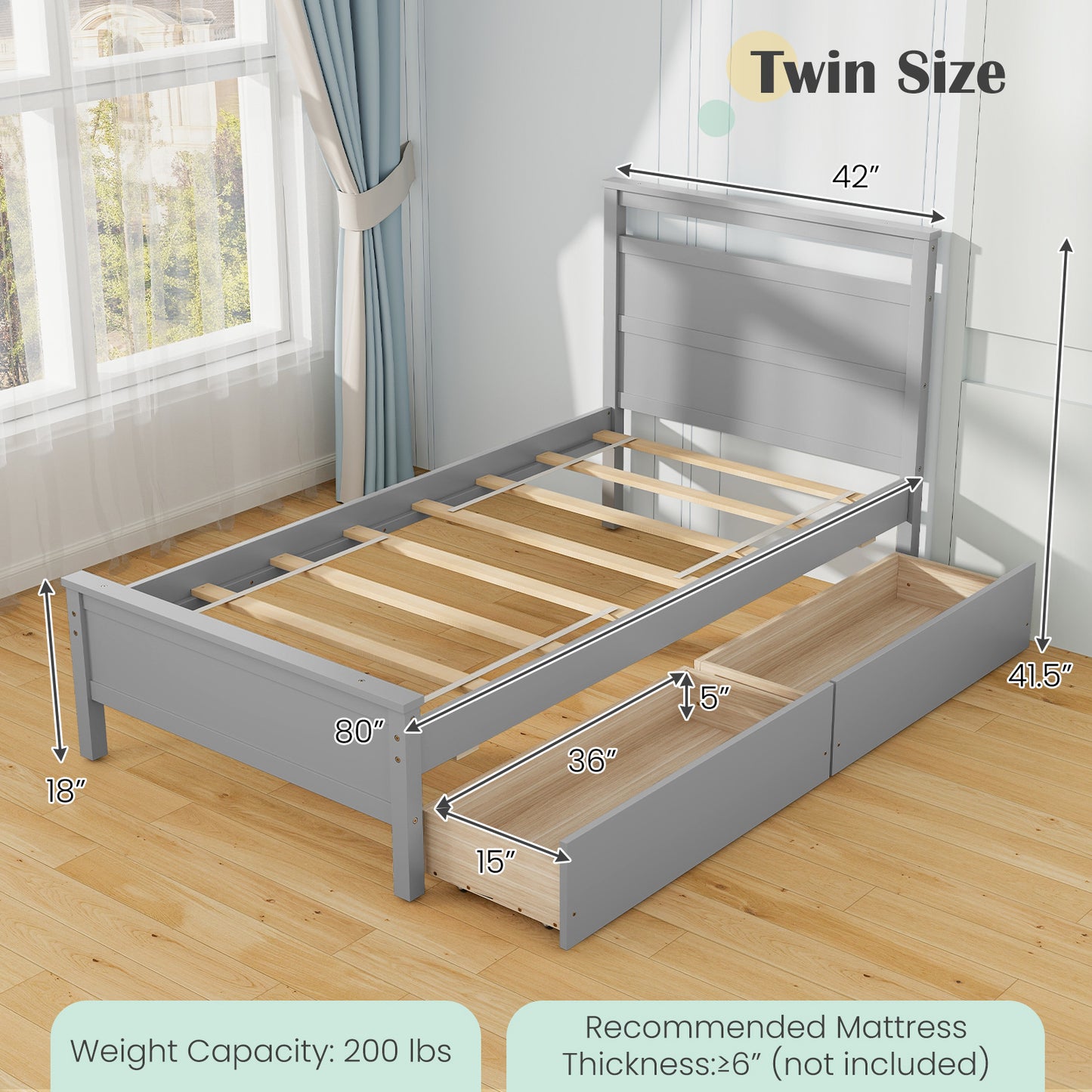 Modern Twin Wooden Bed Frame with 2 Drawers for Storage Perfect for Teens and Adults – Grey