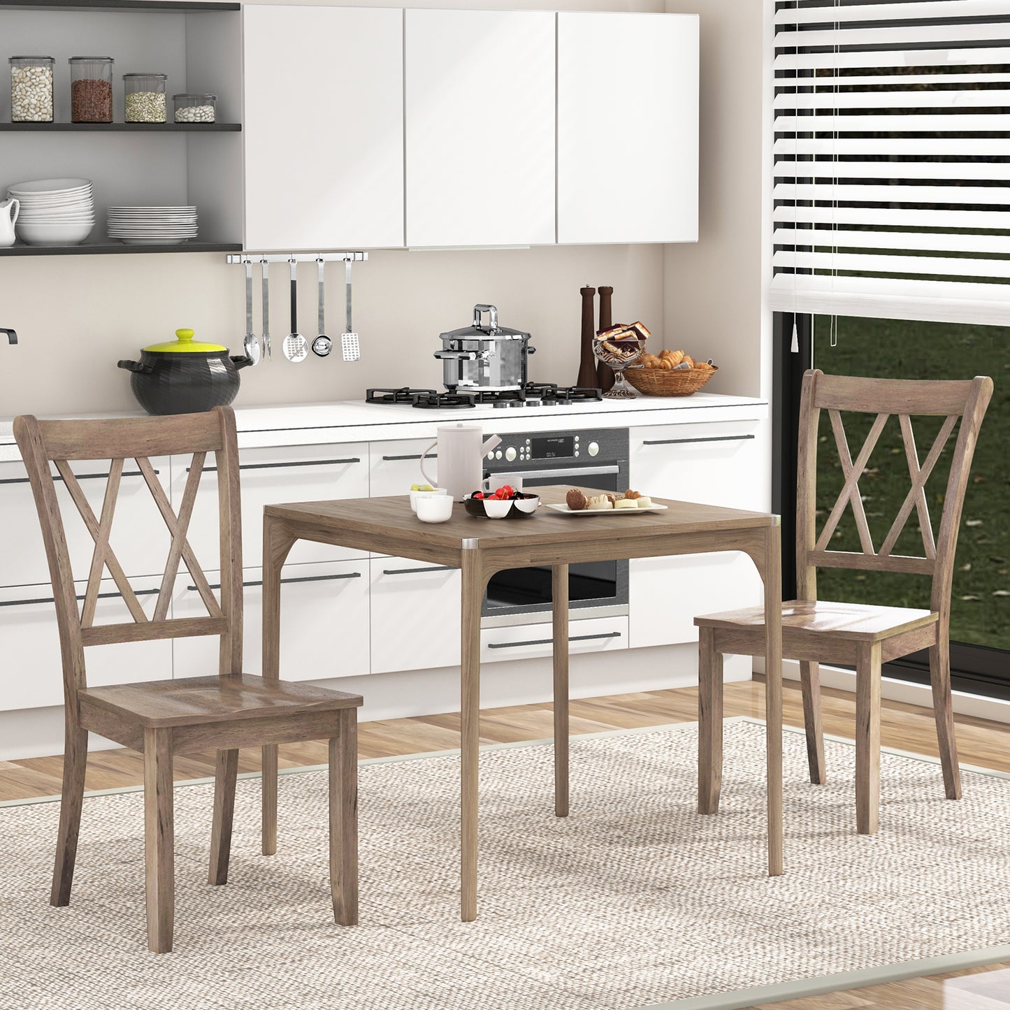 Pair of Cross Back Dining Chairs with Rubber Wood Frame for Farmhouse Style Seating - Brown