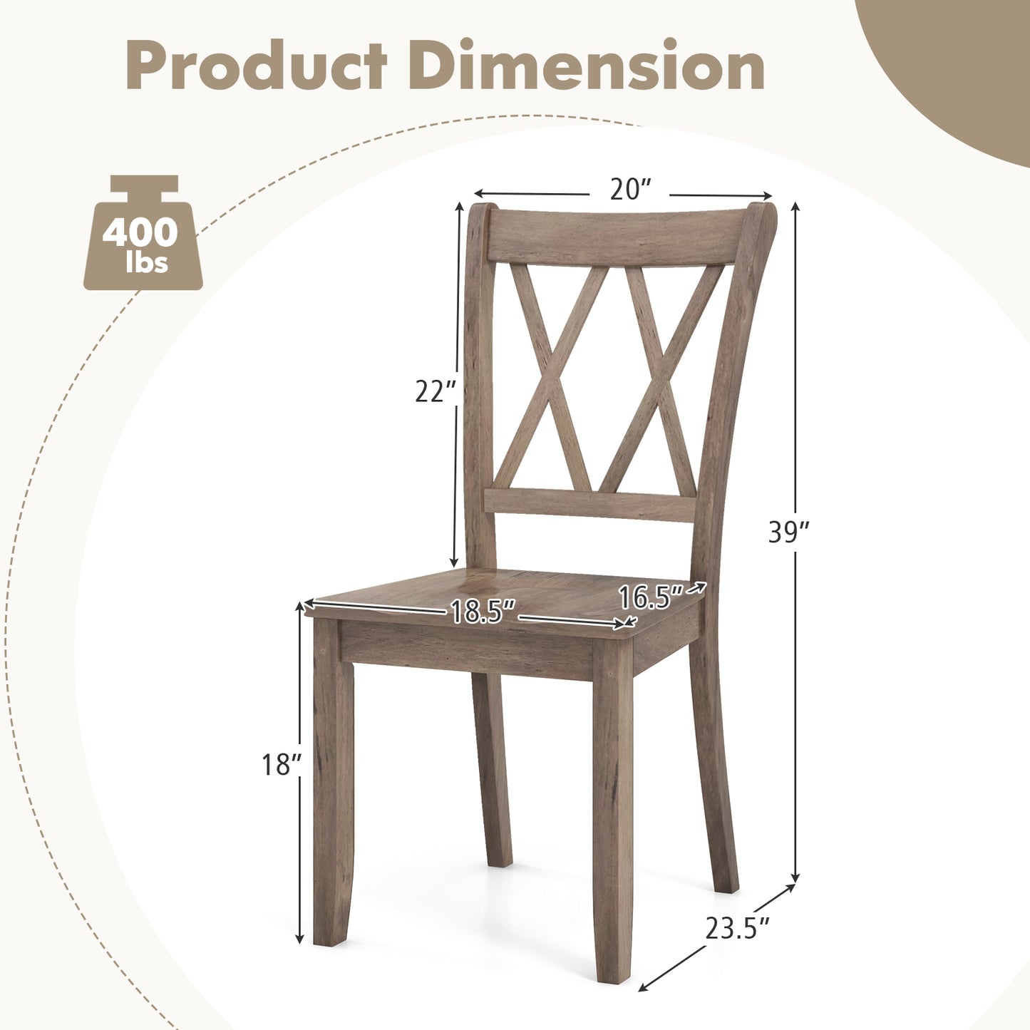 Pair of Cross Back Dining Chairs with Rubber Wood Frame for Farmhouse Style Seating - Brown