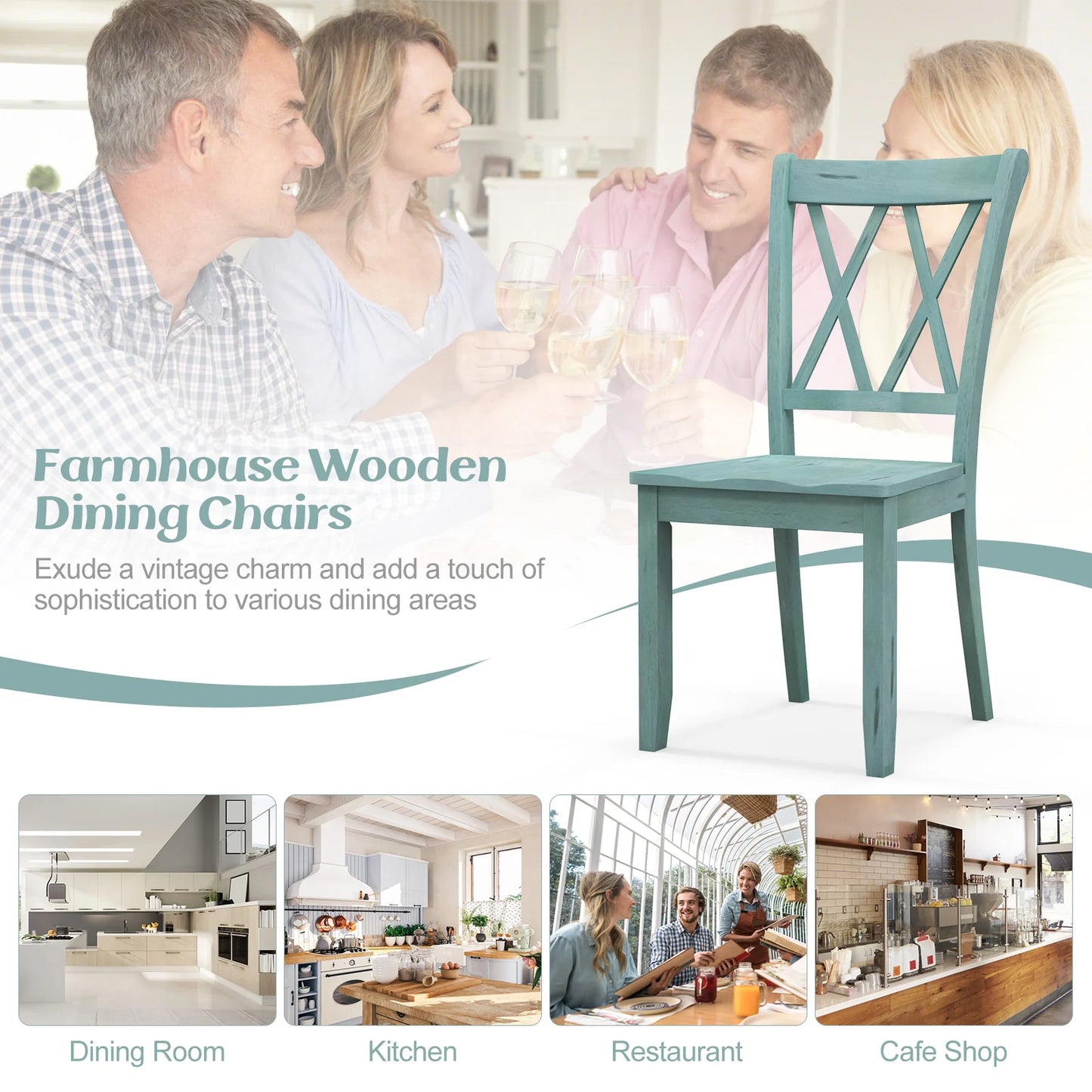 Pair of Cross Back Dining Chairs with Rubber Wood Frame for Farmhouse Style Seating - Green