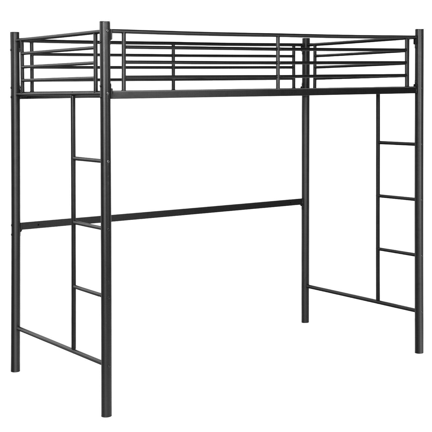 Sturdy Twin Loft Bed Frame with Dual Ladders and Full-Length Guardrail - Black