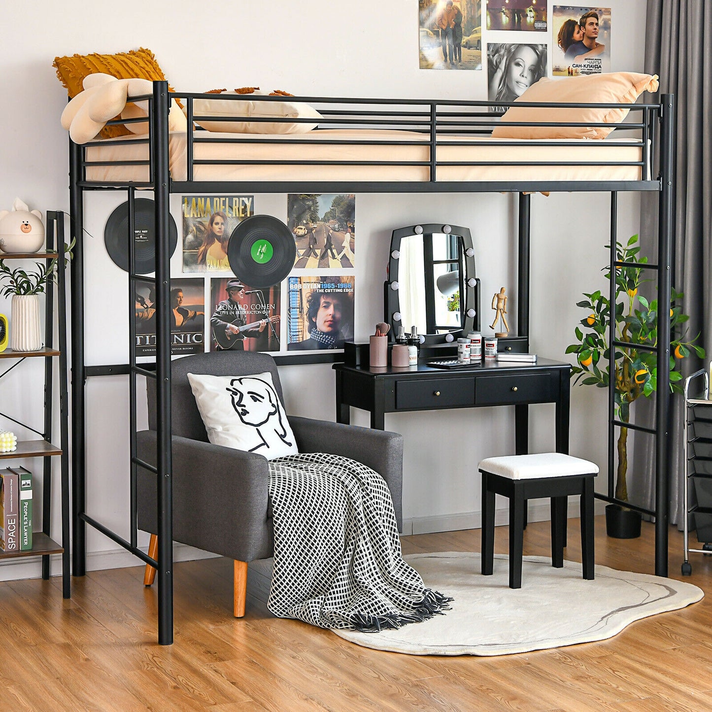 Sturdy Twin Loft Bed Frame with Dual Ladders and Full-Length Guardrail - Black