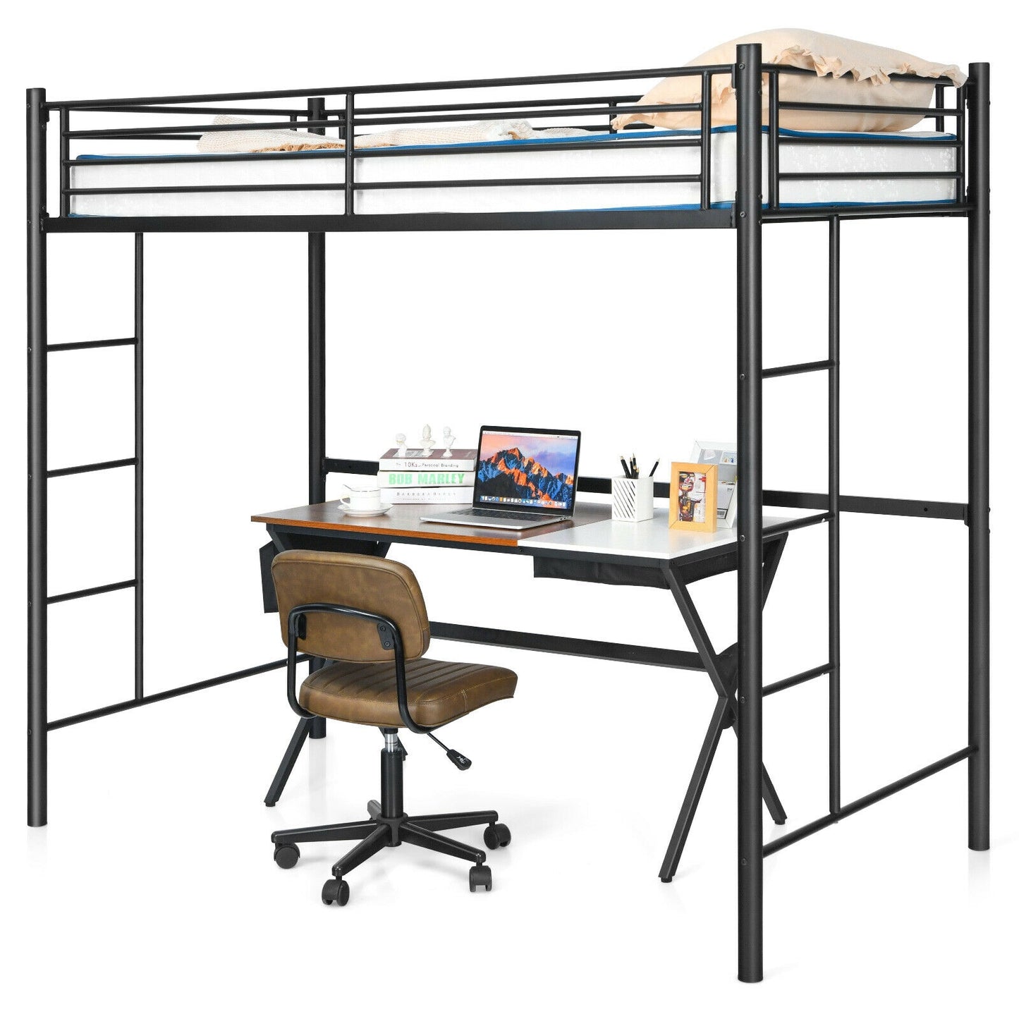 Sturdy Twin Loft Bed Frame with Dual Ladders and Full-Length Guardrail - Black