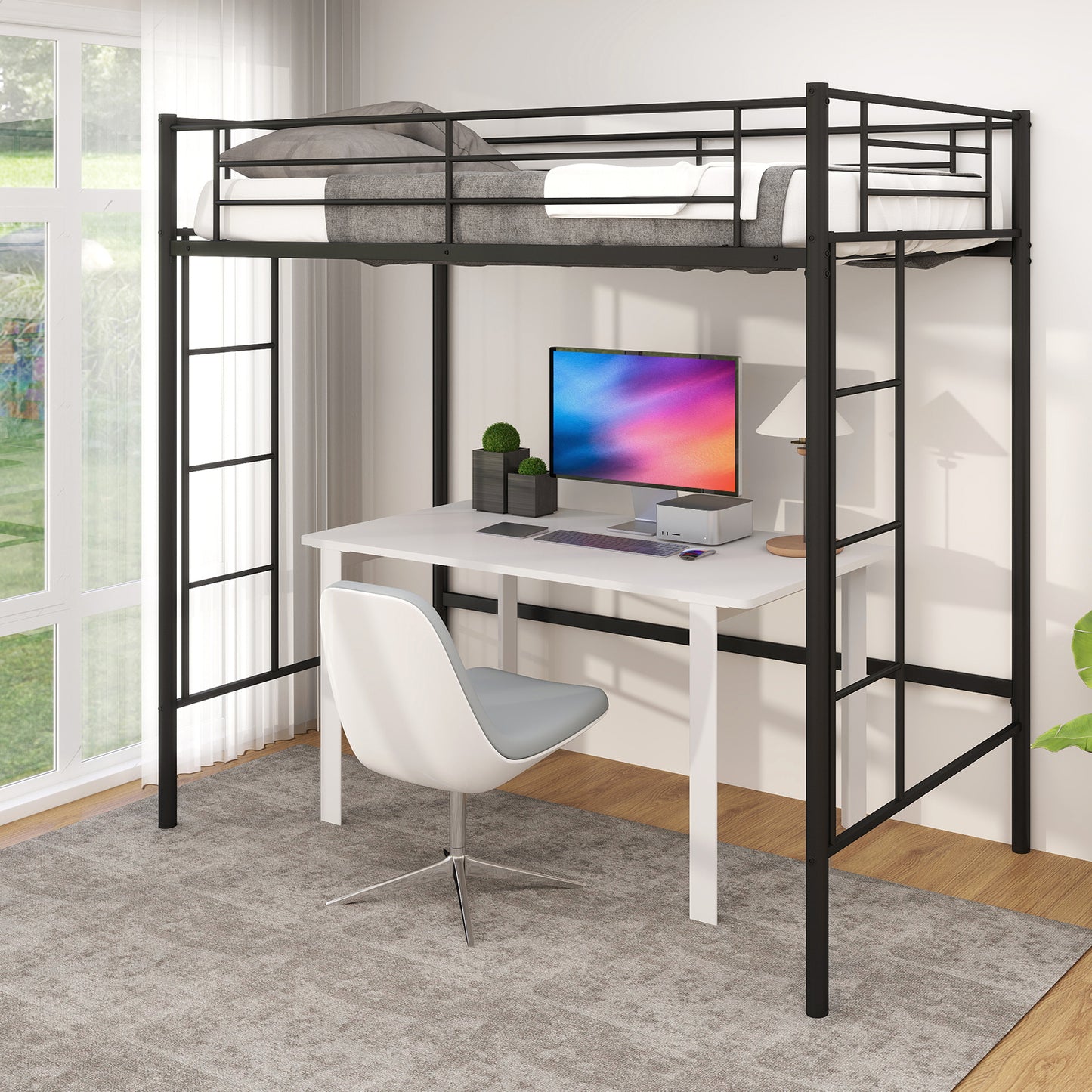 Sturdy Twin Loft Bed Frame with Dual Ladders and Full-Length Guardrail - Black