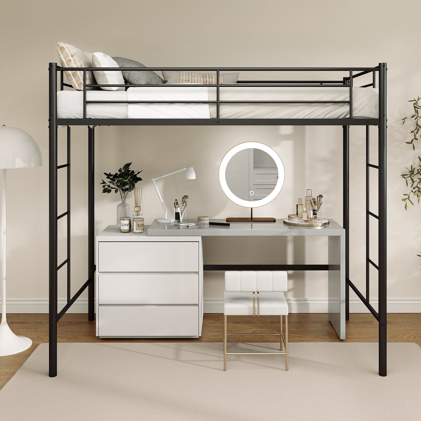 Sturdy Twin Loft Bed Frame with Dual Ladders and Full-Length Guardrail - Black