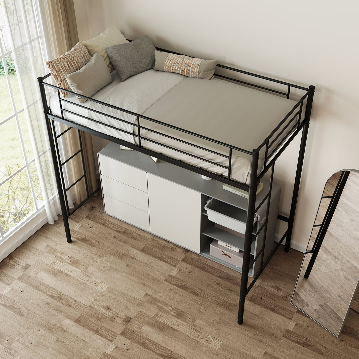 Sturdy Twin Loft Bed Frame with Dual Ladders and Full-Length Guardrail - Black