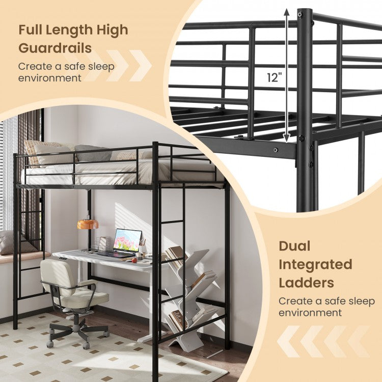 Sturdy Twin Loft Bed Frame with Dual Ladders and Full-Length Guardrail - Black