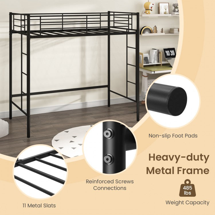 Sturdy Twin Loft Bed Frame with Dual Ladders and Full-Length Guardrail - Black