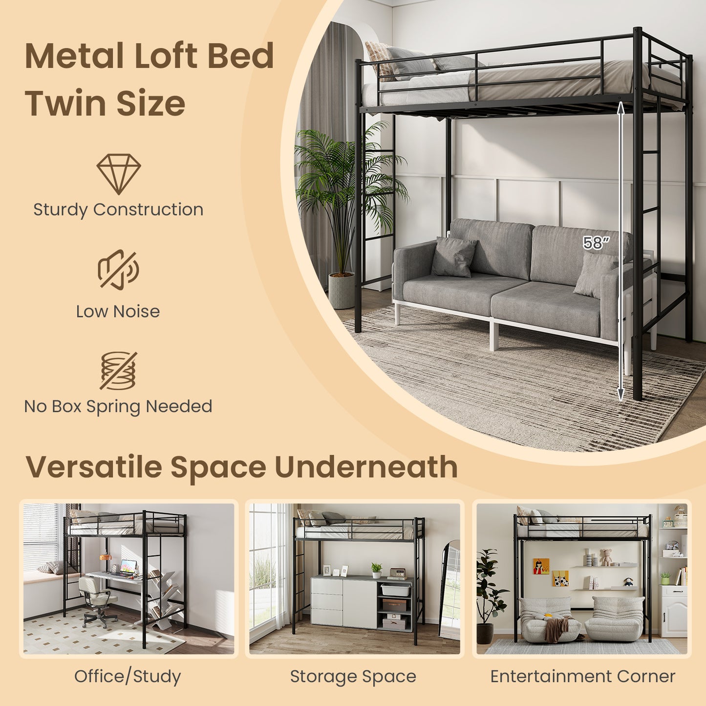 Sturdy Twin Loft Bed Frame with Dual Ladders and Full-Length Guardrail - Black
