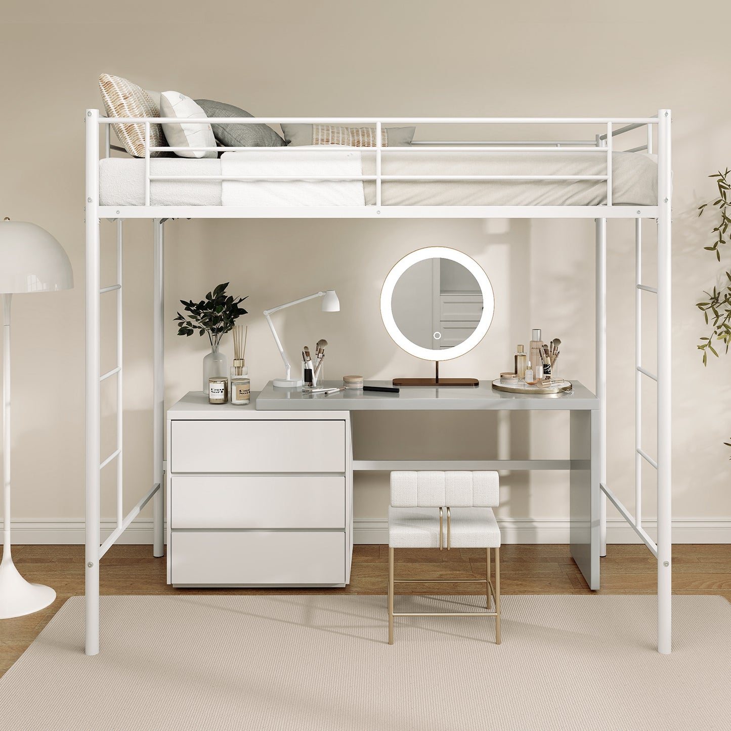 Sturdy Twin Loft Bed Frame with Dual Ladders and Full-Length Guardrail - White