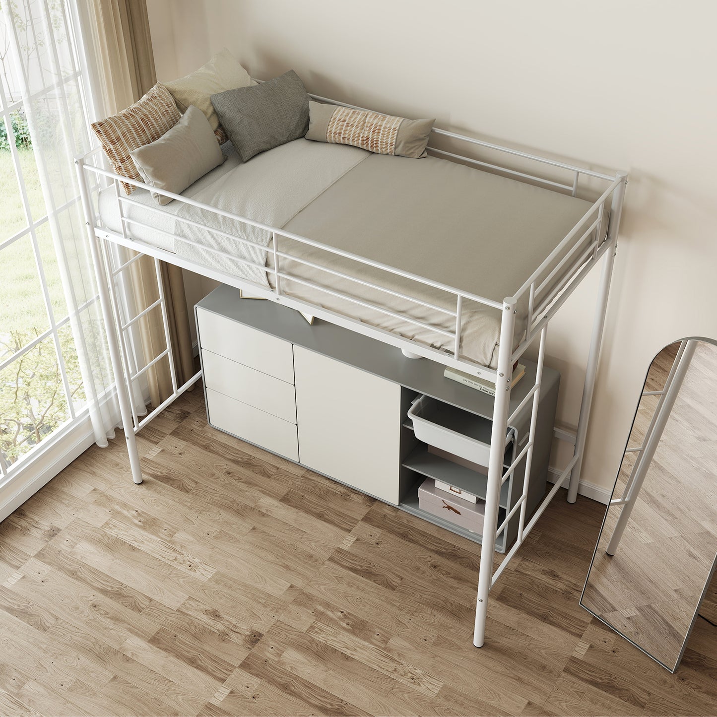 Sturdy Twin Loft Bed Frame with Dual Ladders and Full-Length Guardrail - White