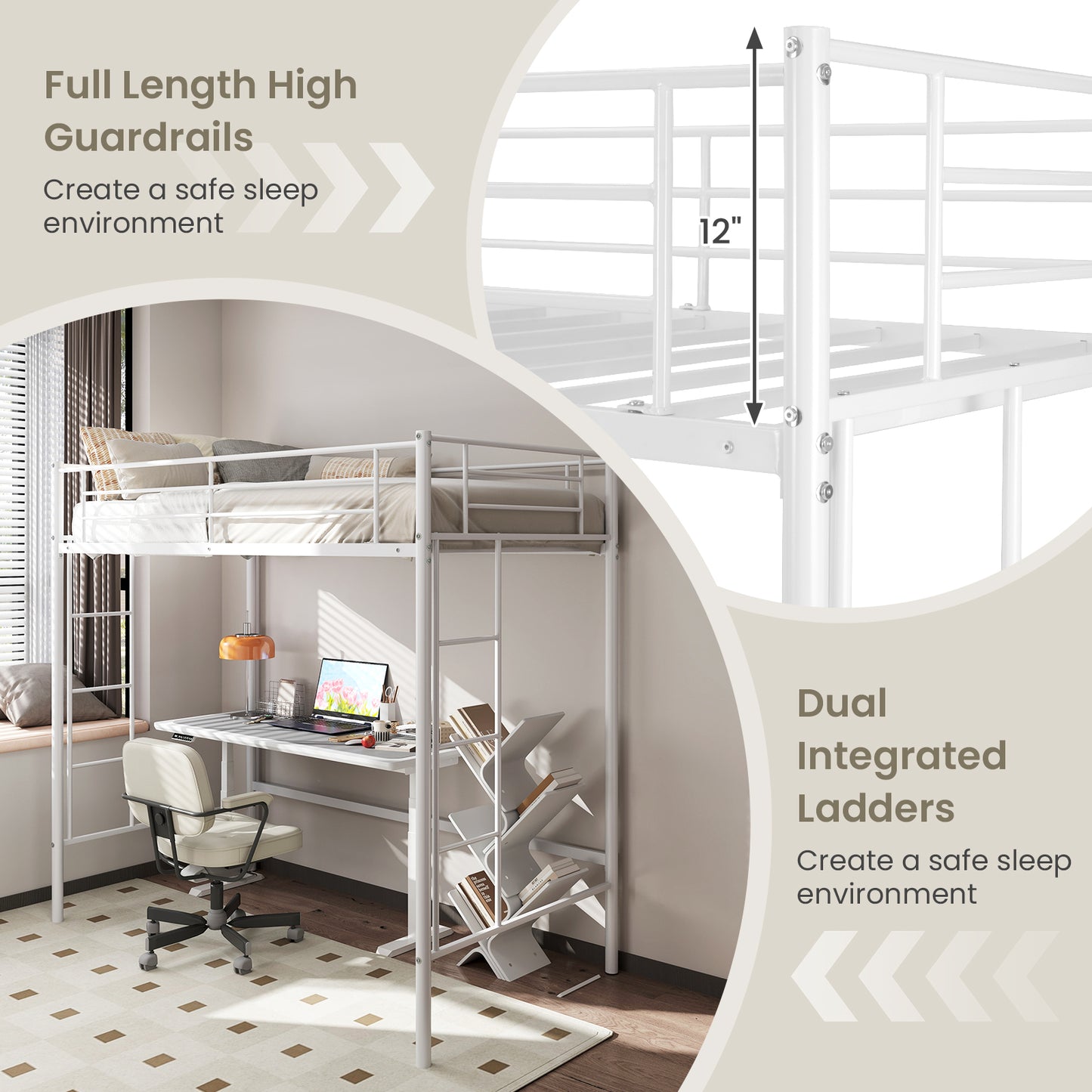 Sturdy Twin Loft Bed Frame with Dual Ladders and Full-Length Guardrail - White