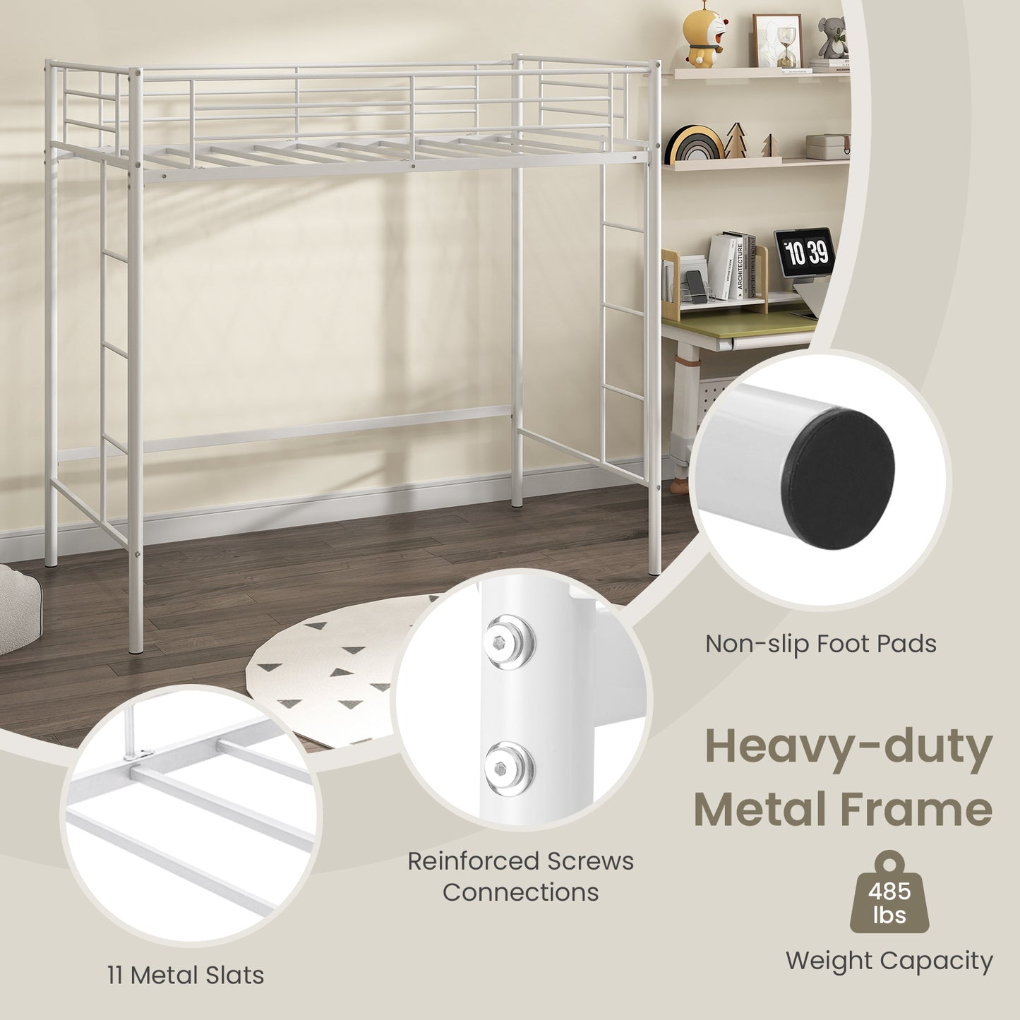 Sturdy Twin Loft Bed Frame with Dual Ladders and Full-Length Guardrail - White