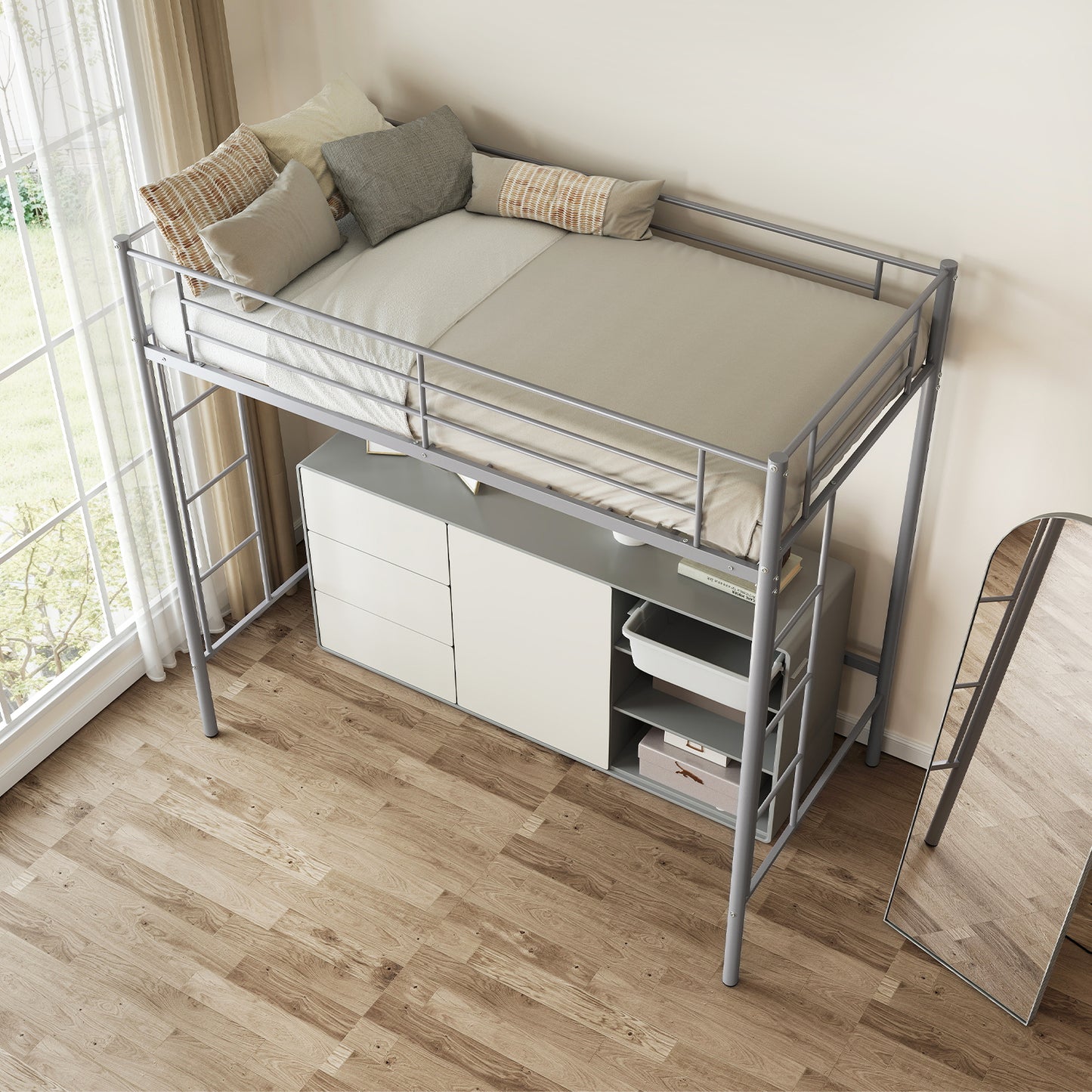 Sturdy Twin Loft Bed Frame with Dual Ladders and Full-Length Guardrail - Silver