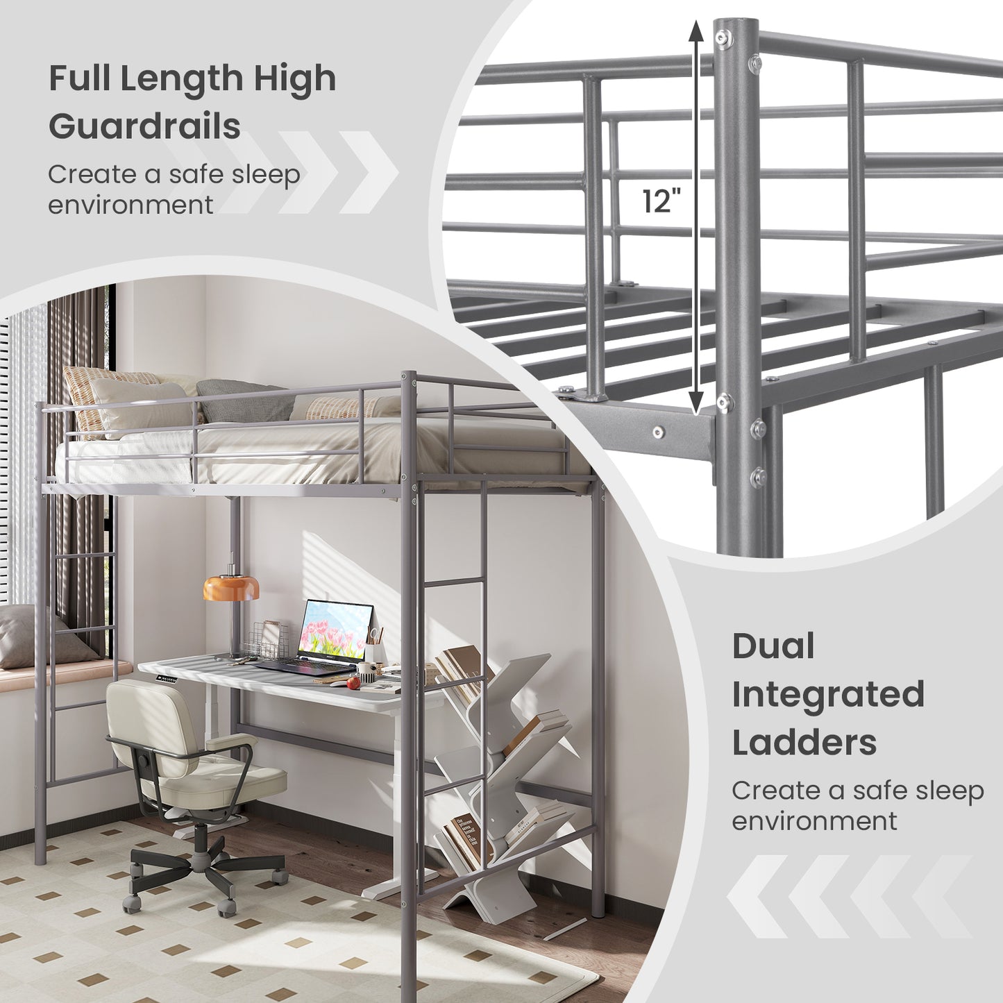 Sturdy Twin Loft Bed Frame with Dual Ladders and Full-Length Guardrail - Silver