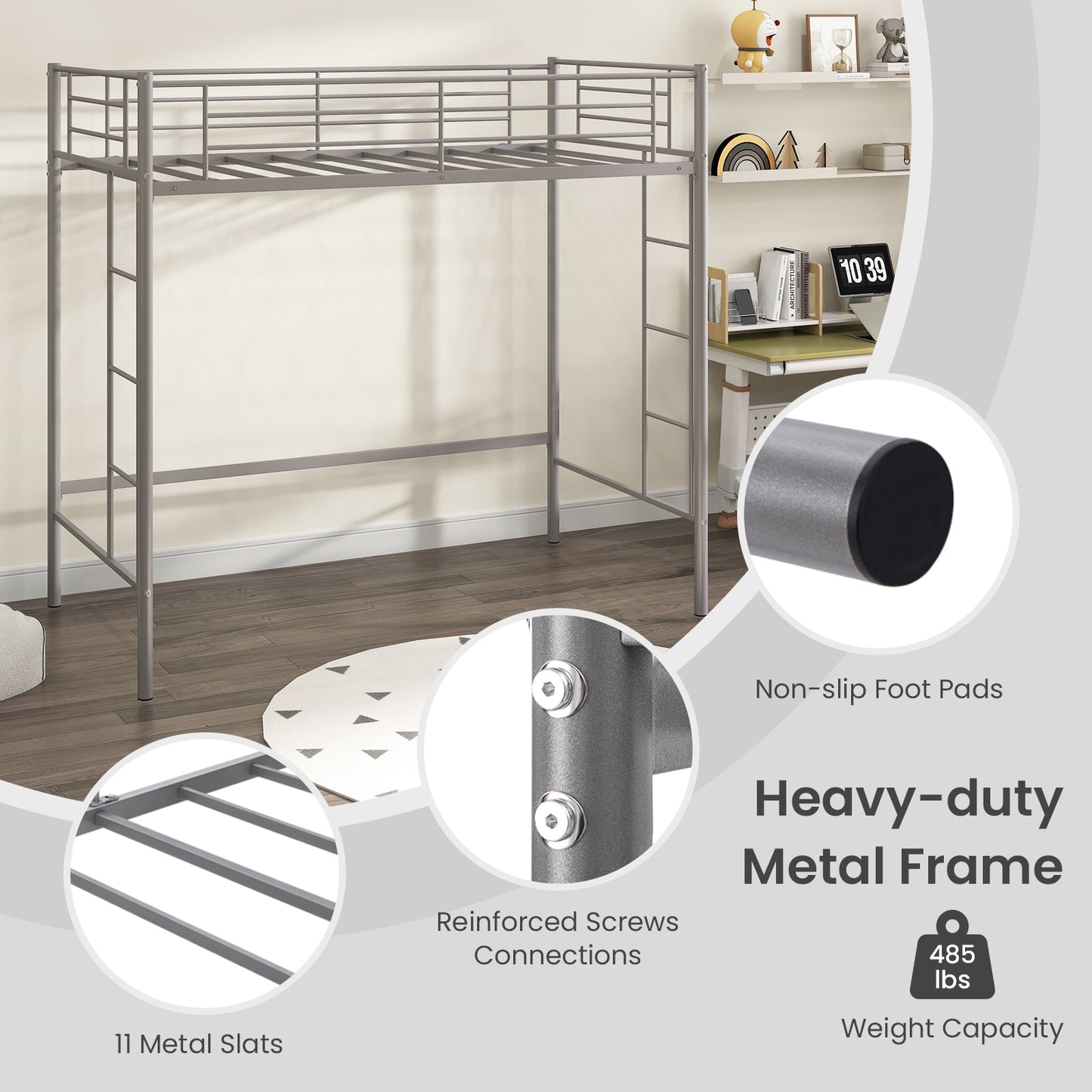 Sturdy Twin Loft Bed Frame with Dual Ladders and Full-Length Guardrail - Silver