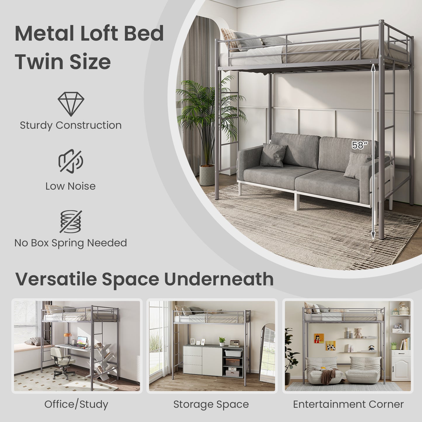 Sturdy Twin Loft Bed Frame with Dual Ladders and Full-Length Guardrail - Silver